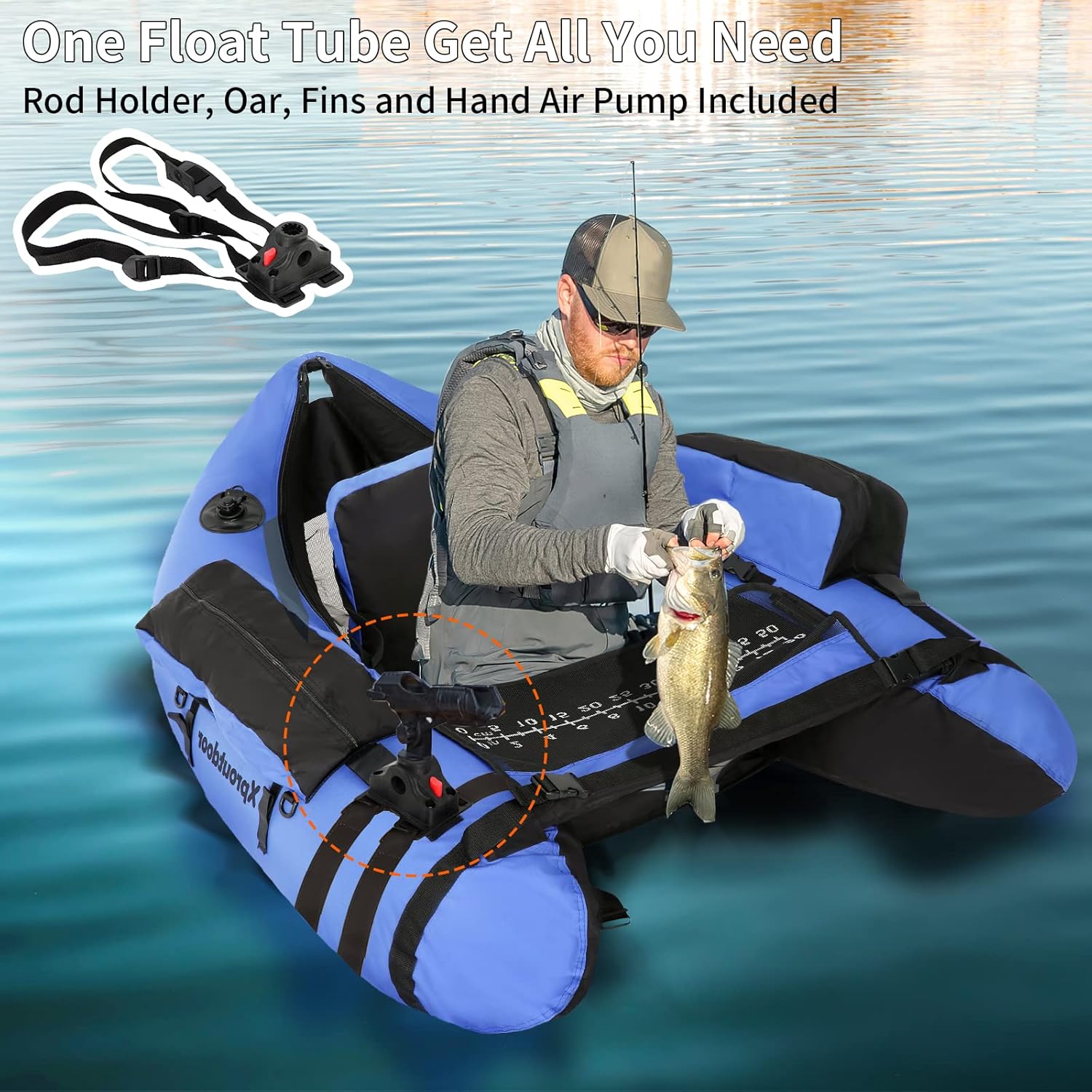 Fishing Float Tube with Adjustable Backpack Straps, Storage Pockets, Fish Ruler, Fly Fishing Boat with Pump, Oar, Rod Holder and Mount, Fins, 350LBS Load Bearing Capacity, FT003