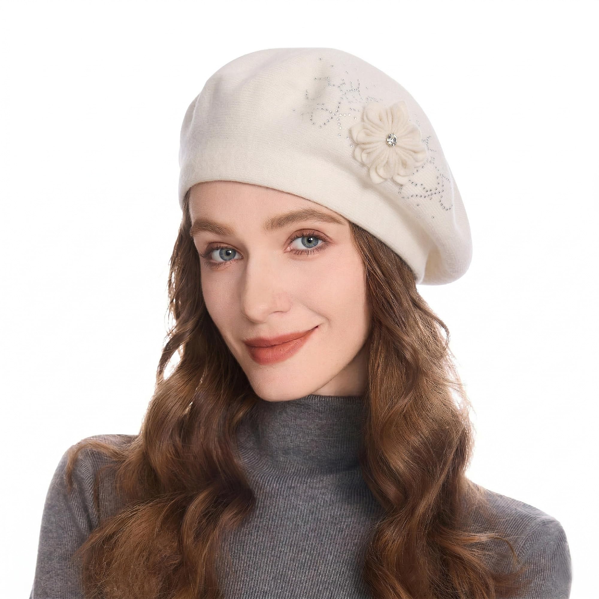 ZLYC Women French Beret hat Reversible Solid Color Floral Warm Knitted Beret Cap(Solid White),One Size