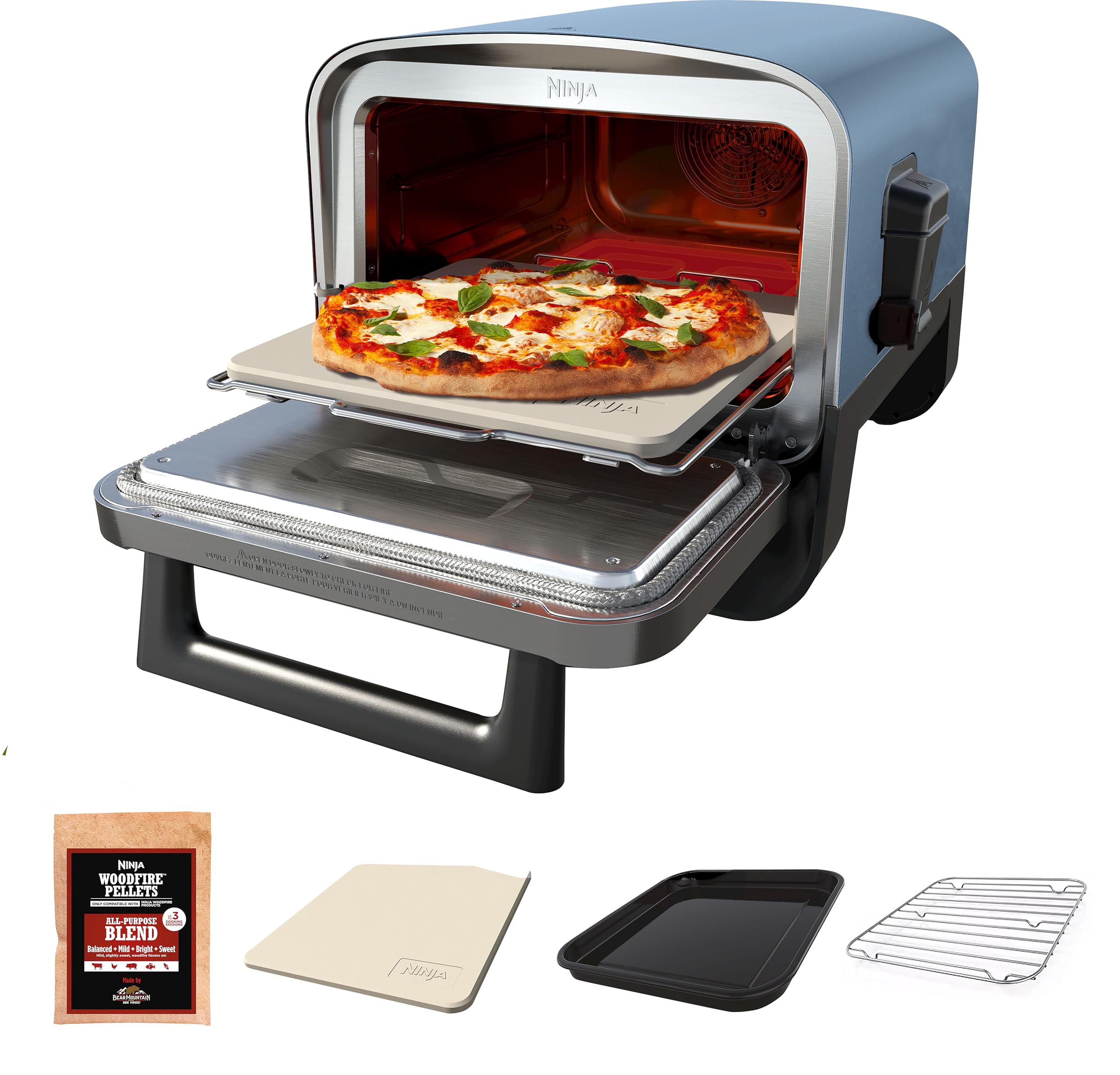 Ninja Woodfire Outdoor Pizza Oven, 8-in-1 Portable Electric Roaster Oven, Heats up to 700°F, 5 Artisan Pizza Settings, Integrated BBQ Smoker Box, Includes Flavored Wood Pellets, Navy (Renewed)
