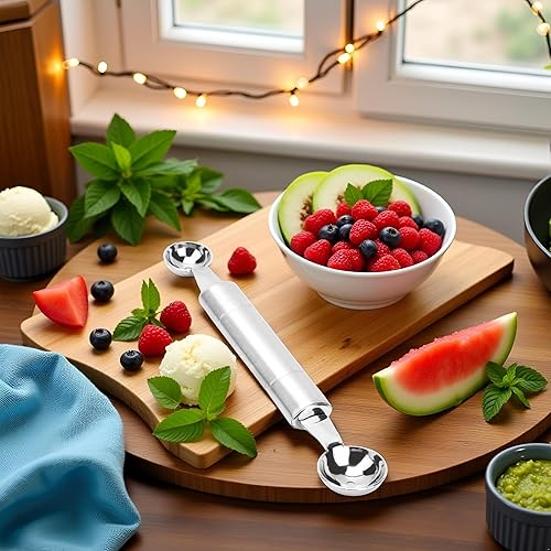Miniatura 2 de Cuchara de bola de helado de doble punta plateada para frutas y verduras, cuchara de melón Baller, herramientas de frutas y verduras, cuchara