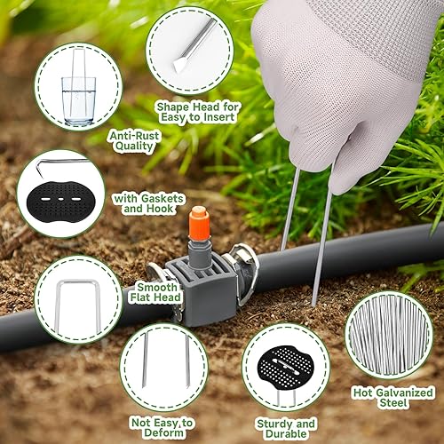 Miniatura 3 de Juego de grapas de paisaje, 50 estacas de jardín galvanizadas de calibre 11 de 6 pulgadas + 50 juntas + 1 gancho de selección, estacas de tienda de