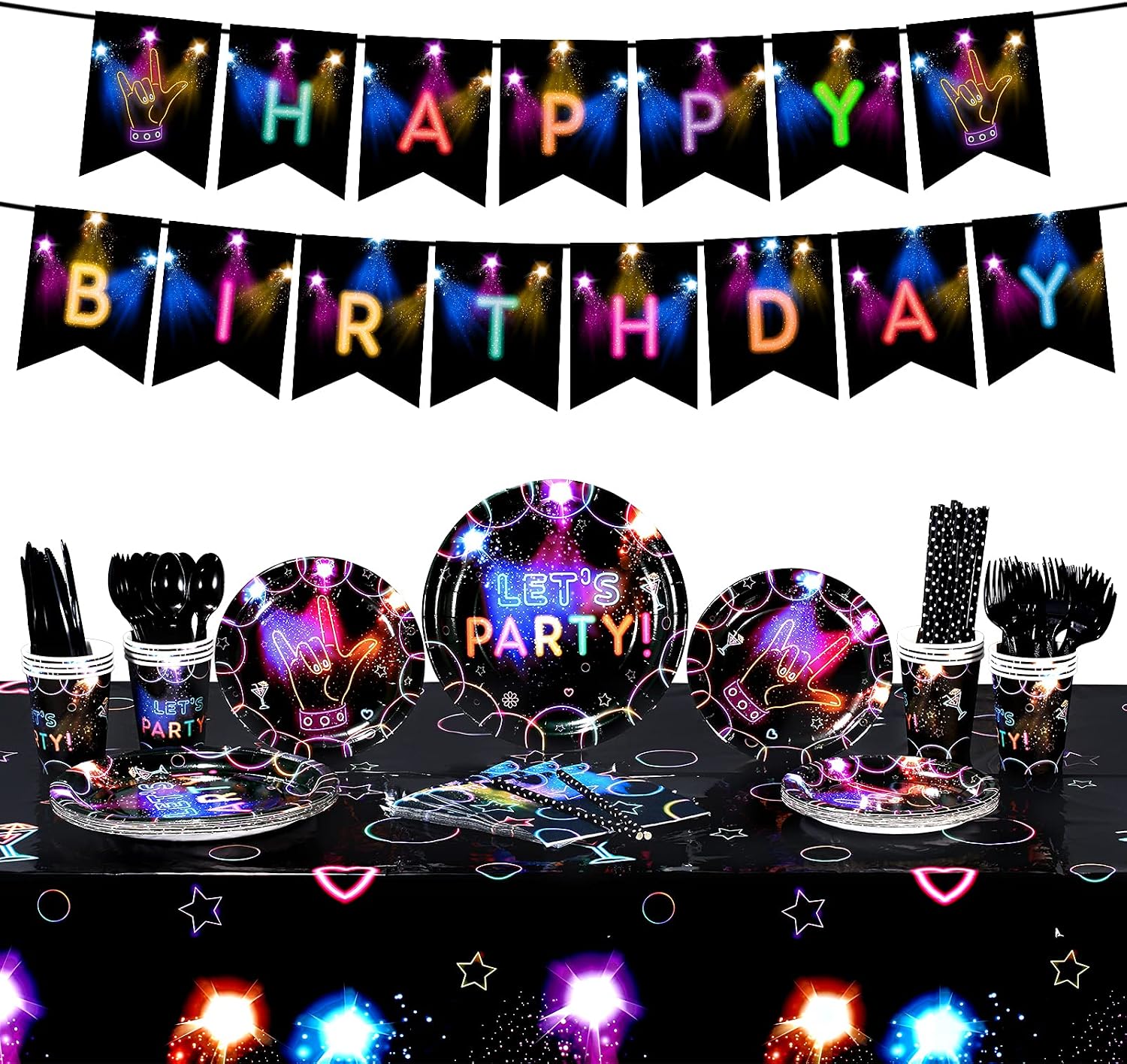 FZR Legend Party Supplies Glow In The Dark Party Decorations Serves 16, 130 PCS Neon Birthday Party Decor Complete Pack Includes Plates, Cups, Happy Birthday Banner, Tablecloth, Napkins
