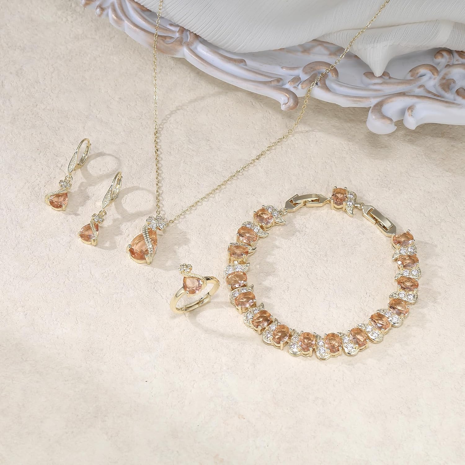 EVER FAITH Wedding Prom Four Clovers Jewelry Set for Women, Teardrop Cubic Zirconia Necklace Hoop Dangle Earrings Bracelet Open Ring Sets Anniversary Birthday Engagement Gift for Friend Lover Wife - Image 4