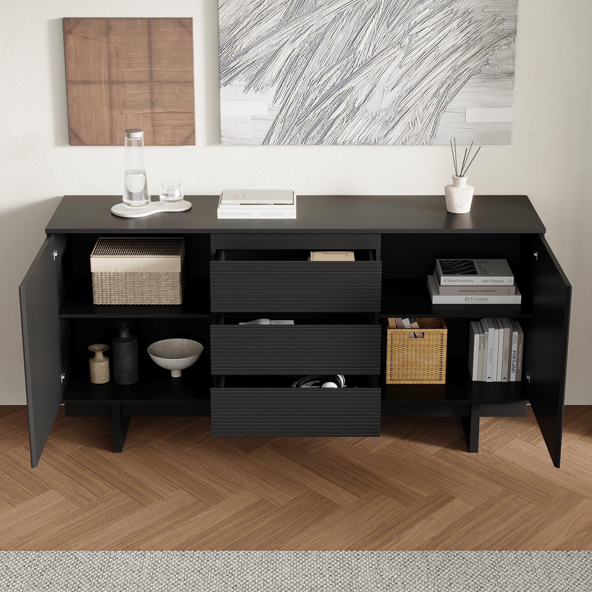 Elegante aparador negro – 160 x 40 x 80 cm – Cómoda con 3 cajones y 2 puertas – Diseño moderno para salón, comedor o pasillo – Elegante espacio de almacenamiento con carácter