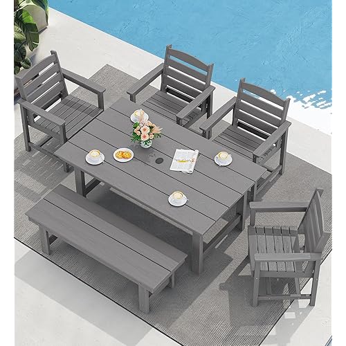 SERWALL Patio Dining Table and Bench Set for 6, Gray