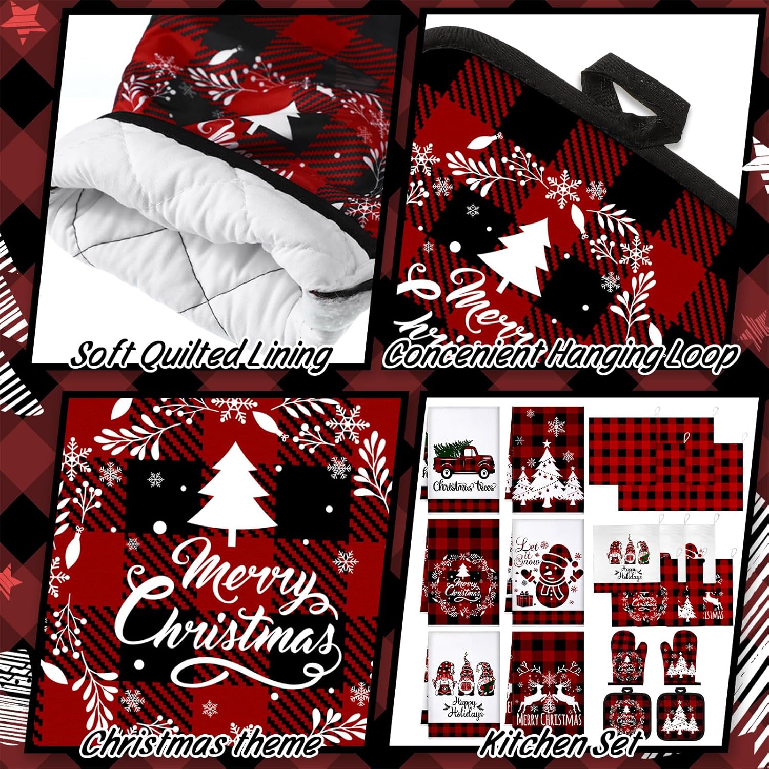 Sratte 20 Pcs Christmas Kitchen Towel Oven Mitts and Pot Holders Set Red and Black Buffalo Plaid Dish Cloths Set Heat Resistant Oven Gloves Hot Pads Reusable Dish Rags, Absorbent Towels - Image 6