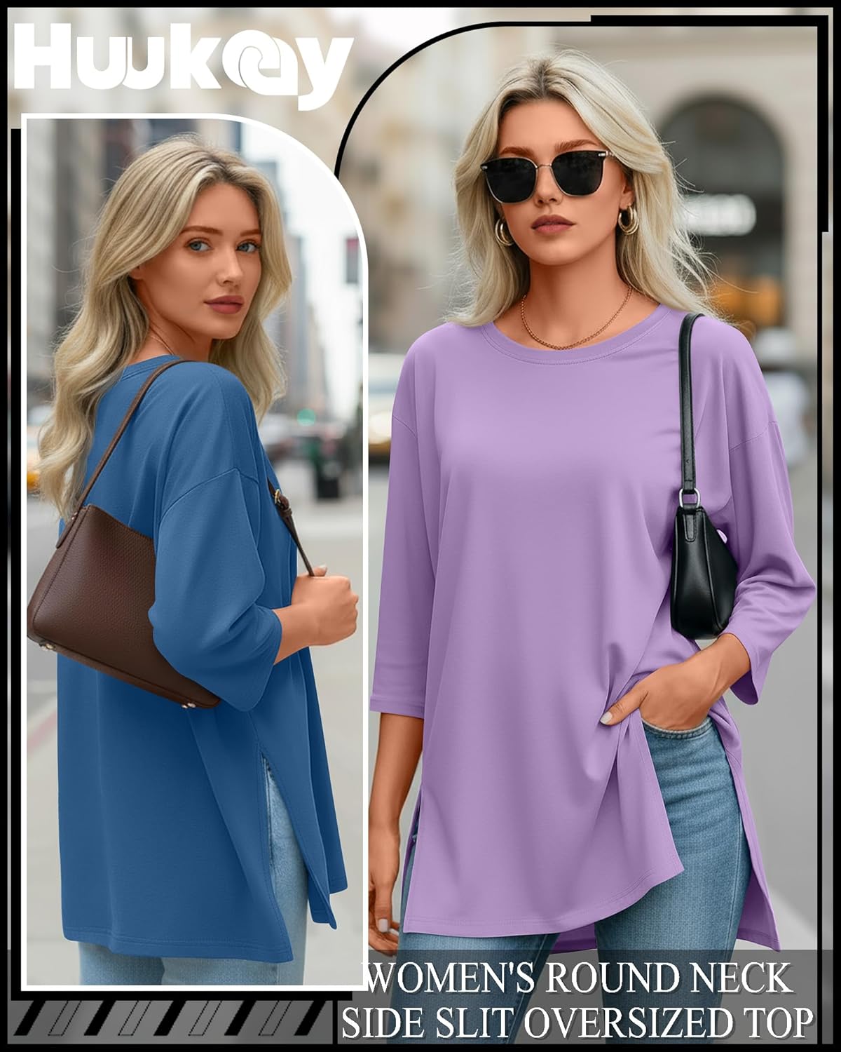 Huukeay 3 Pack Women's Oversized T Shirts Workout 3/4 Sleeve Top Loose Side Split Gym Elbow Crewneck Fall Casual Clothes Tee