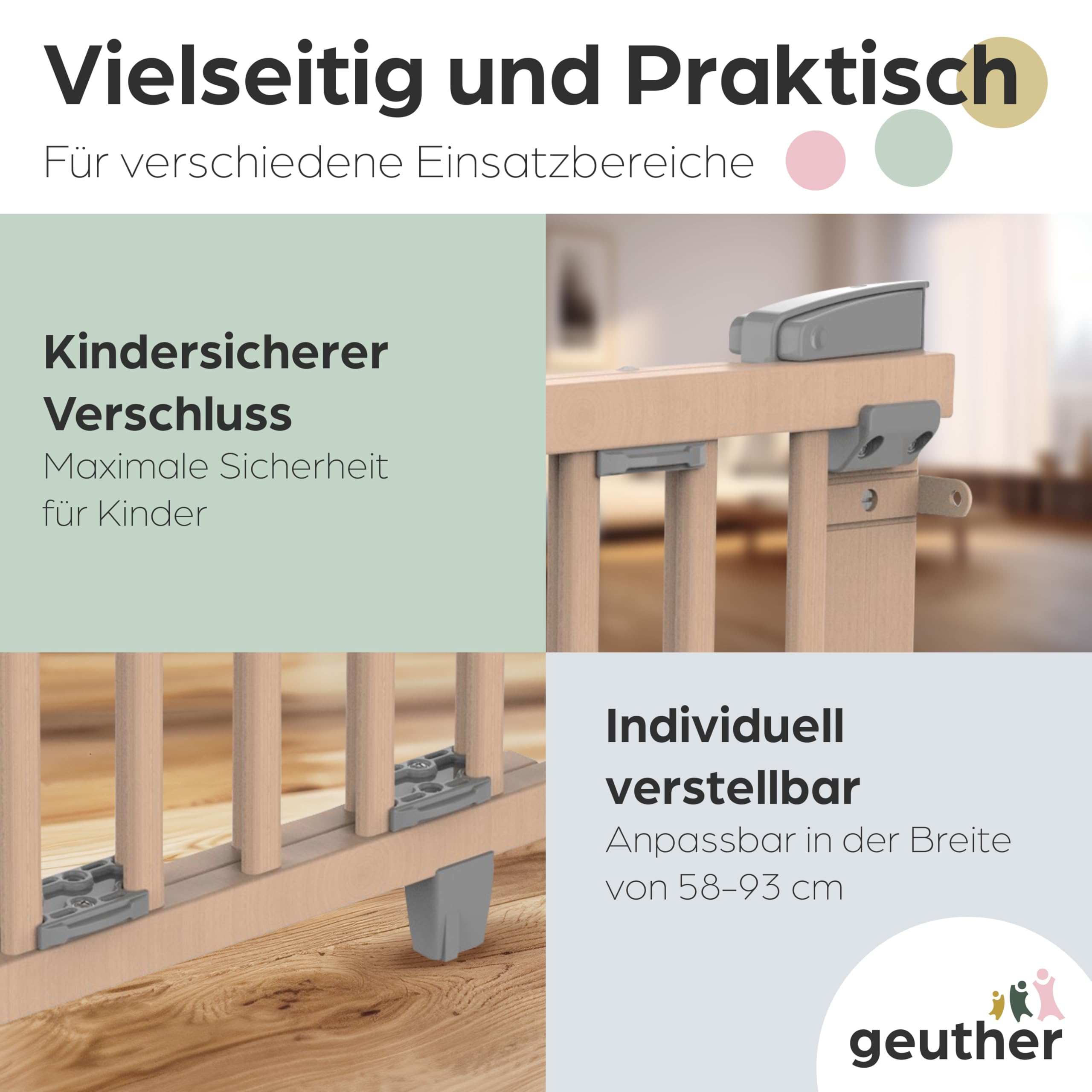 Geuther Türschutzgitter Oris | Treppenschutzgitter zum Anschrauben, Breite 58-93 cm | Stabiles Babygitter & Türgitter mit Schwenktür, sicherheitsgeprüft | Kindergitter Holz, Natur lackiert