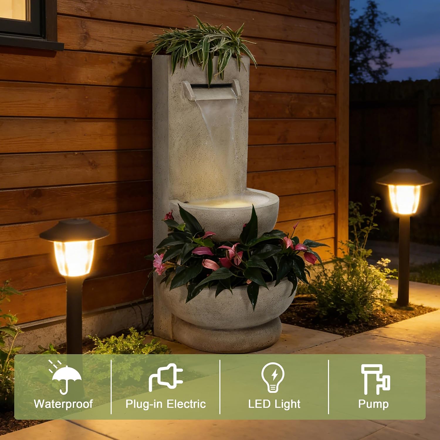 LuxenHome 33" Outdoor Water Fountain with Planter, Resin Outdoor Fountain with LED Lights, Garden Water Feature for Backyard, Porch