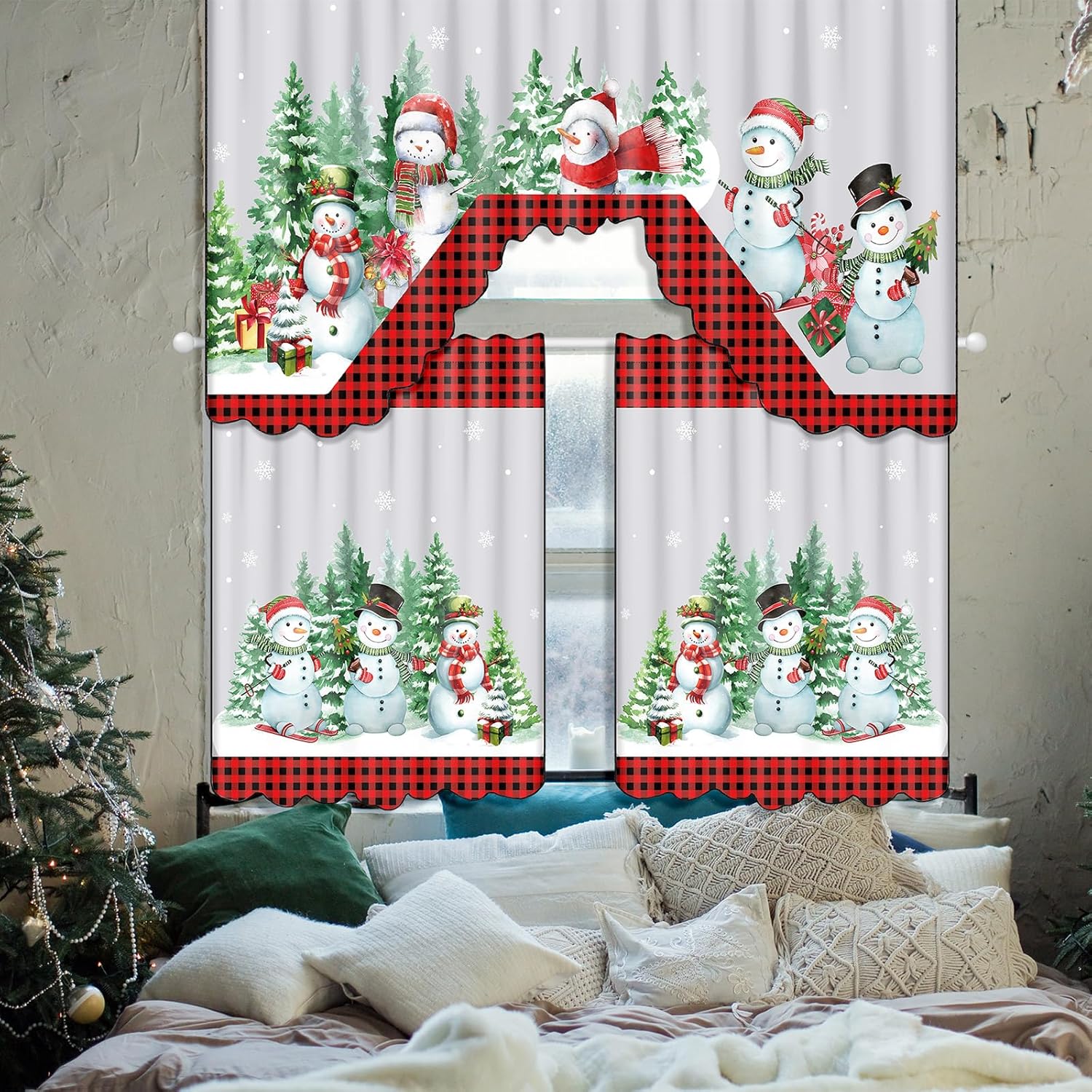 Frienda 6 Pcs Christmas Kitchen Curtains Window Curtains and Valance Set Snowman Christmas Tree Gnome Buffalo Plaid Swag for Bedroom Living Room, 60 x 36 Valance, 36 x 30 Tier(Snowflake)