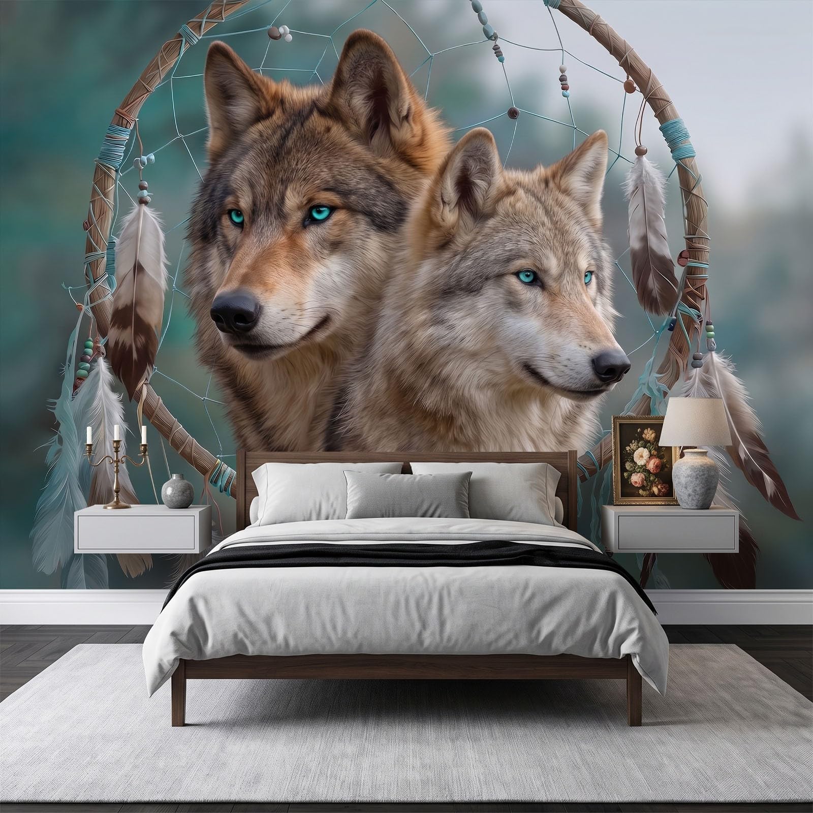 Fototapete Traumfänger Tiere Wolf 250 x 175 cm 3D-Effekt Vliestapete, Fantasy-Kunst Wandtapete Wanddekoration für Wohnzimmer, Küche, Schlafzimmer, TV Hintergrund & Kinderzimmer
