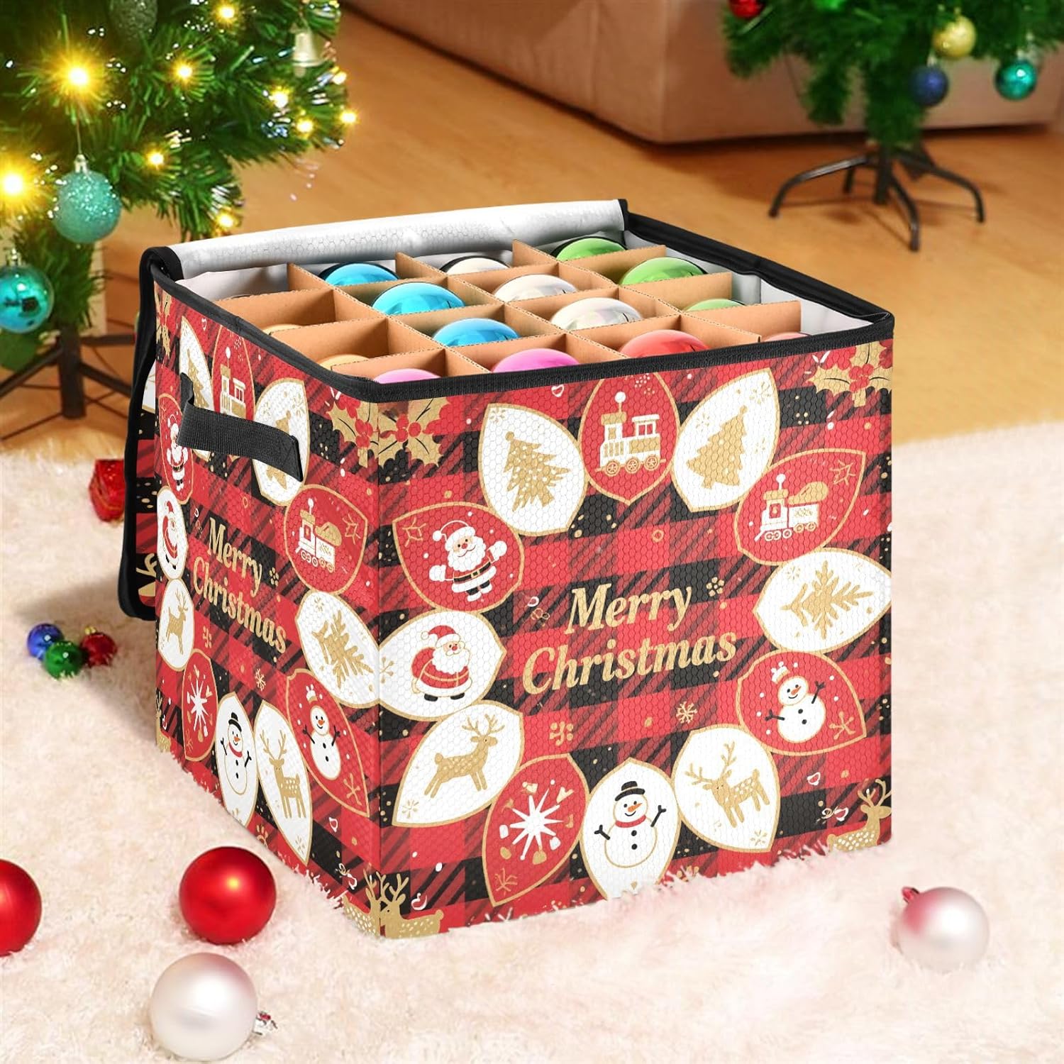 High Capacity Christmas ornament organizer Holds Up to 64, Two Handles Large Holiday Storage Case with Lid,Merry Christmas Snowflake Santa Checkered Gold and Red
