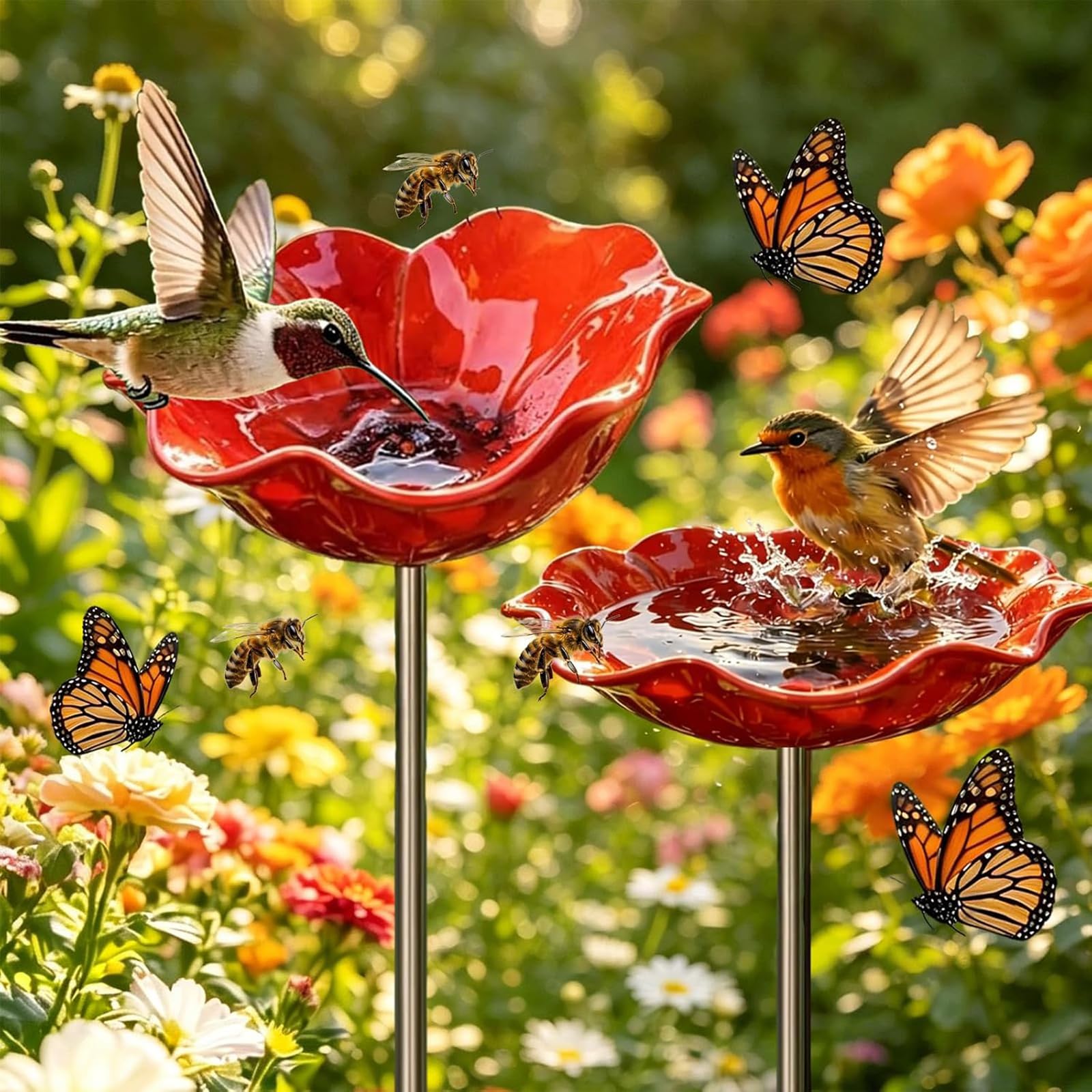Set of 2 Red Flower Bird Feeders for Garden, Handmade Metal Bird Bath Stake 60cm (23.6"), Vibrant Poppy Style Bird Water Station for Outdoors, Weatherproof Decorative Lawn Ornament