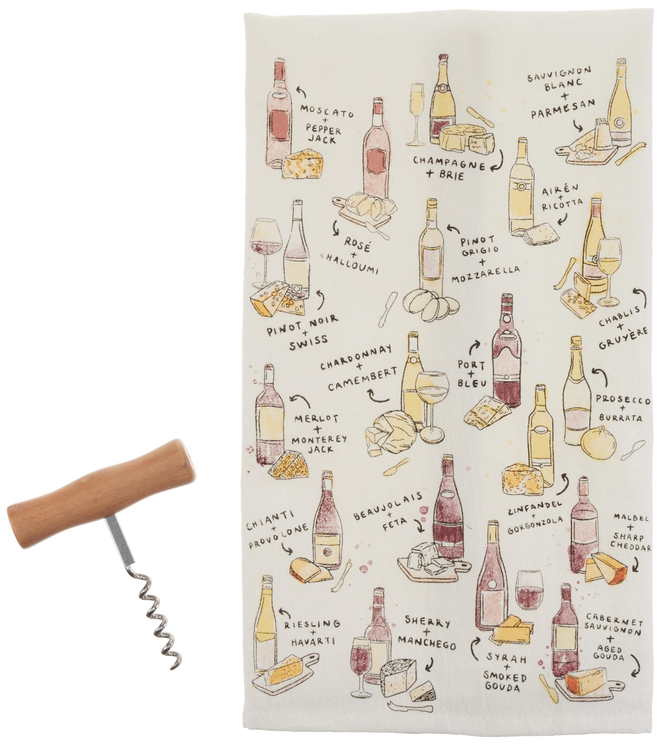 Mud Pie Set 2 Asciugamani Da Cucina Con Stampa Vino + Forchetta Per Formaggio, 100% Cotone, 61x38 Cm