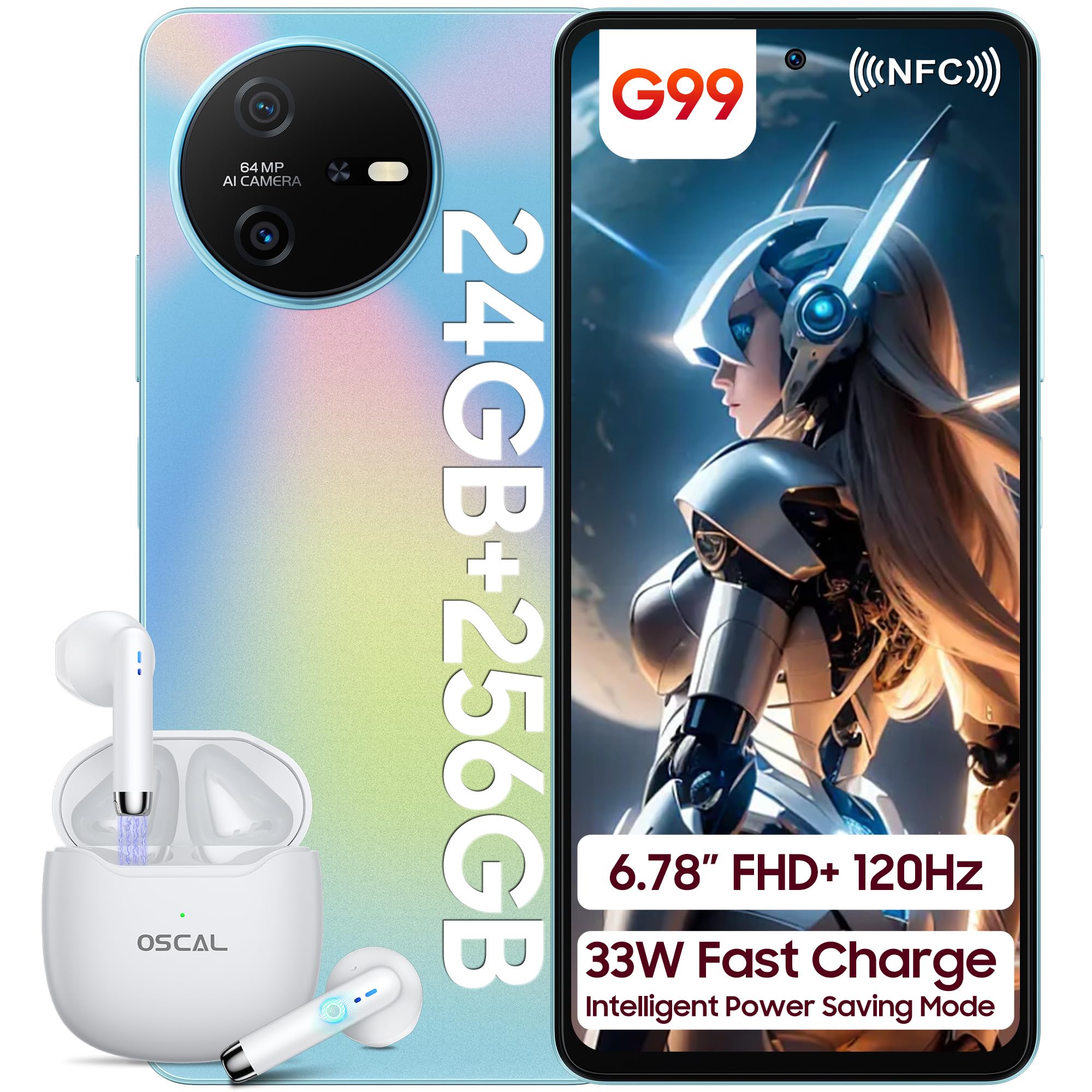 OSCAL Tiger 12 Smartphone, 24GB+256GB/1TB-TF, MediaTek Helio G99, 6.78" FHD+ 120Hz, 33W Ricarica Rapida, 64MP Telefono, Android 13, 4G Dual SIM Telefono Cellulare 3 Slot/NFC/OTG/GPS/3.5mm Jack Blu