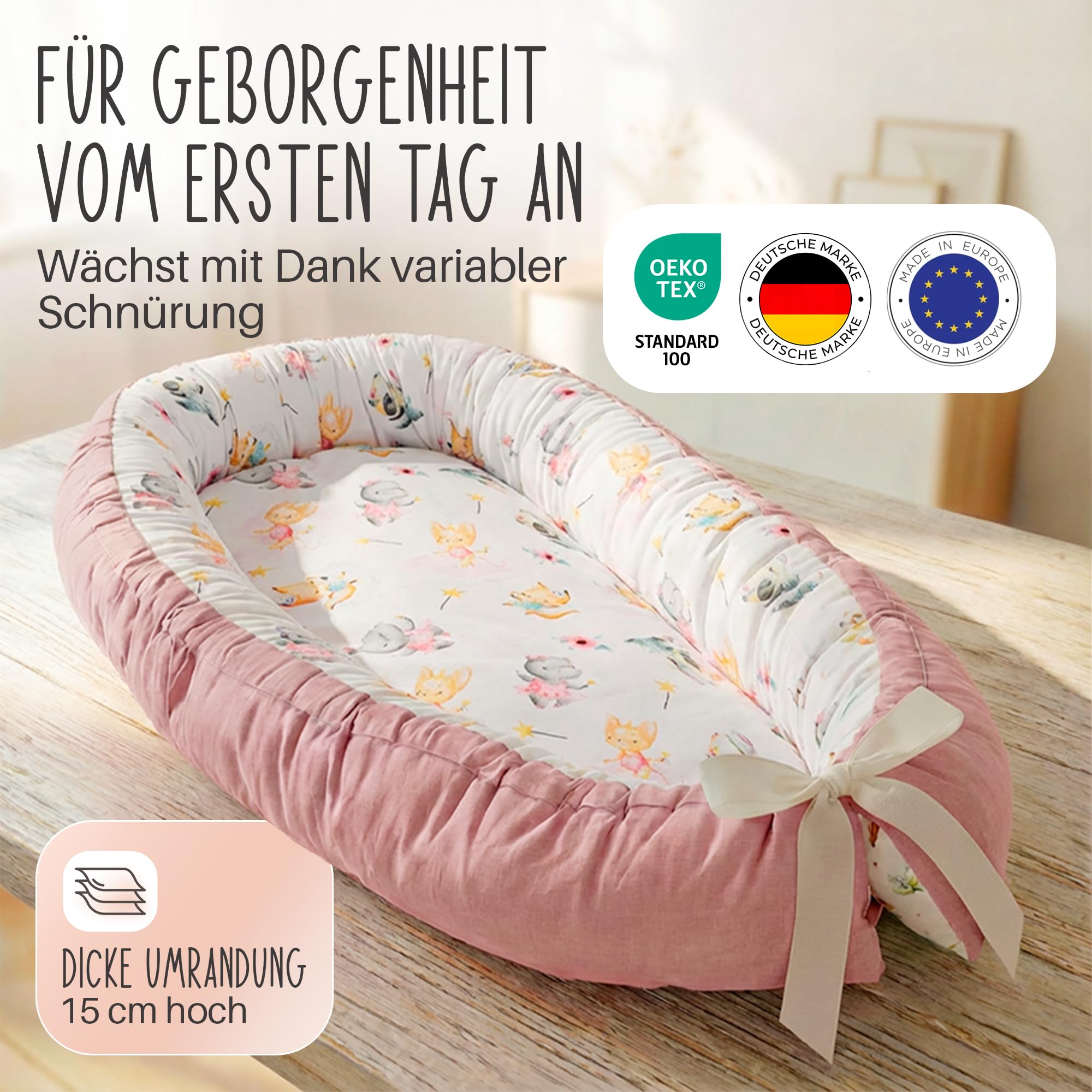 LULANDO® Nido de bebé - Estándar 100 de Oeko-Tex - nido de envoltura multifuncional para bebés y recién nacidos - Nestchen - cuna de viaje - 100% algodón - antialérgico - fabricado en la UE