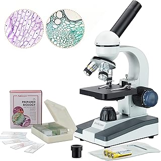 AmScope M150C-PS25 Compound Monocular Microscope, WF10x and WF25x Eyepieces, 40x-1000x Magnification, LED Illumination, Brightfield, Single-Lens Condenser, Coaxial Coarse and Fine Focus, Plain Stage, 110V, Includes Set of 25 Prepared Slides