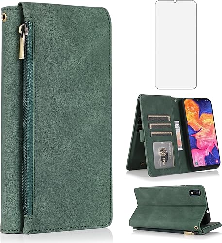 Asuwish Compatible con Samsung Galaxy A10e - Funda tipo cartera de vidrio templado, protector de pantalla y cremallera, de piel retro, soporte para