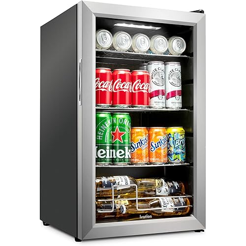 Ivation 101 Can Beverage Refrigerator | Freestanding Ultra Cool Mini Drink Fridge | Beer, Cocktails, Soda, Juice Cooler for Home & Office | Reversible Glass Door & Adjustable Shelving, Stainless Steel