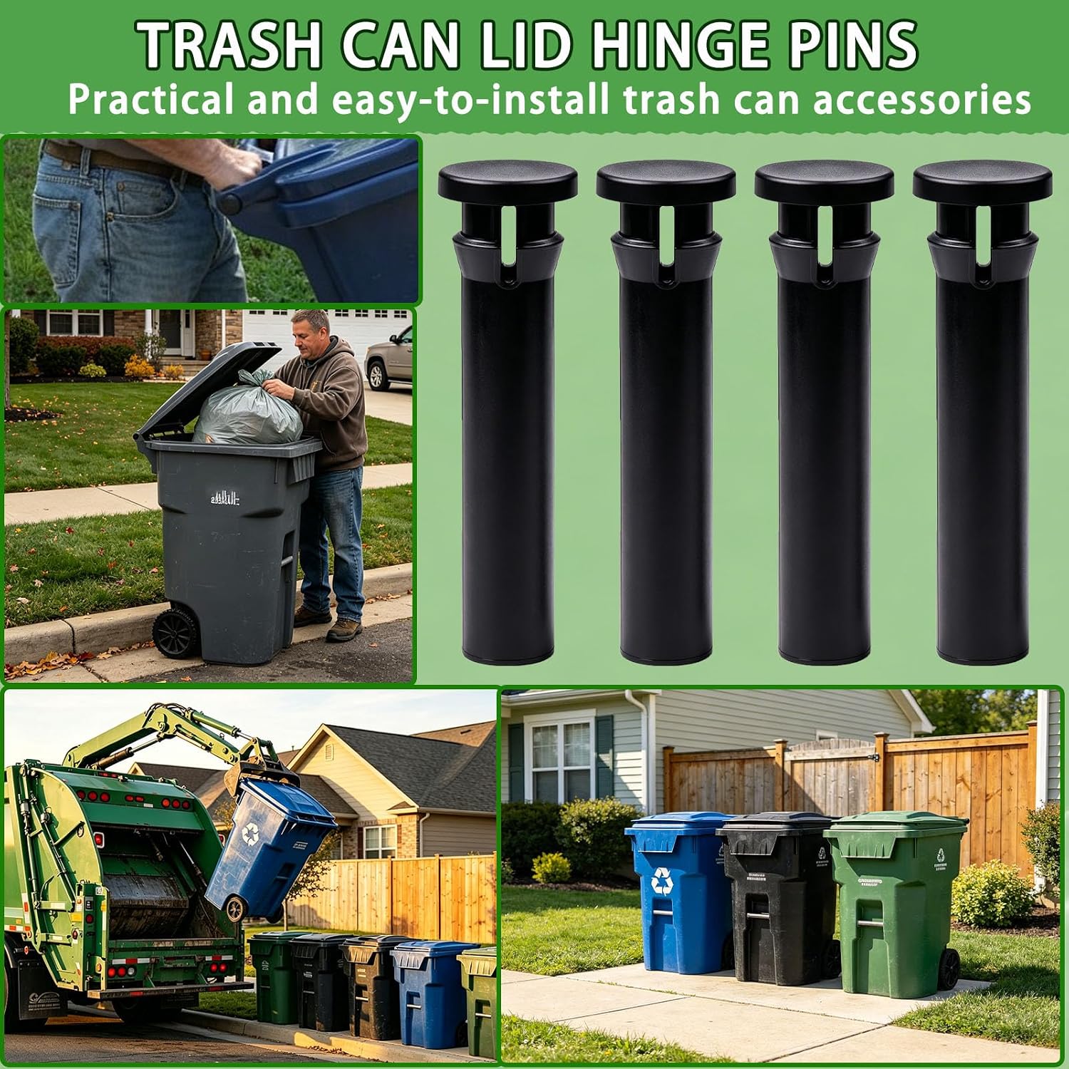 4 Pack Heavy Duty Wheelie Trash Can Bin Lid Hinge Pins Fit for Rehrig Sierra Huskylite 95-Gallon Wheeled Trash Can Lids Latch Stronger for Outdoor Household Commercial Wheelie Trash Bins Accessories
