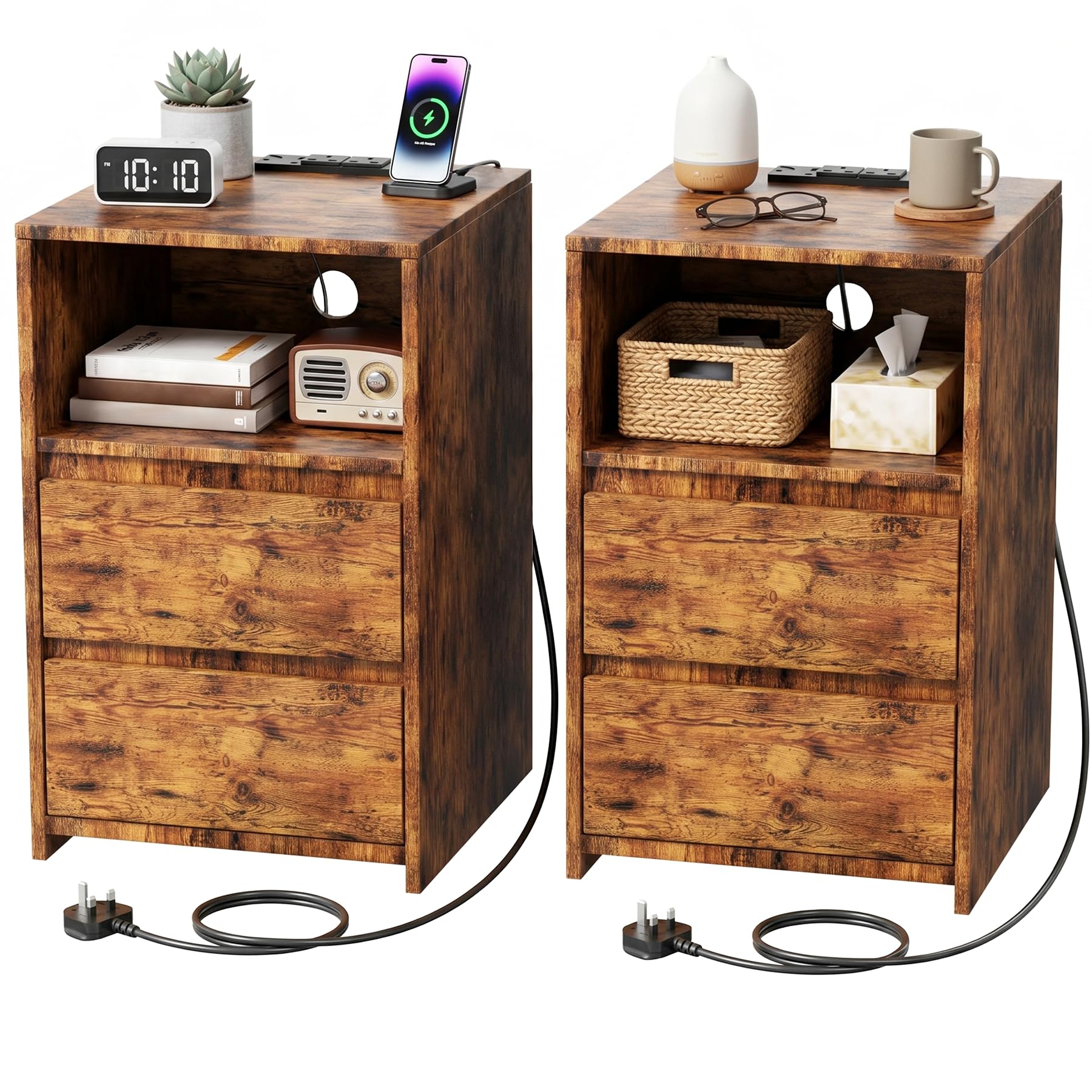 VWYUK Bedside Tables with Charging Station, Nightstands with 2 Drawers, 2 AC Outlets & 2 USB Ports, Modern End Tables for Living Room, Bedroom & Study, Cloud White (Set of 2)