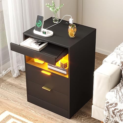 Miniatura 8 de Yusong Mesita de noche, mesita de noche, mesita de noche LED con estación de carga, moderna mesita de noche, mesa auxiliar de sofá de madera con 2