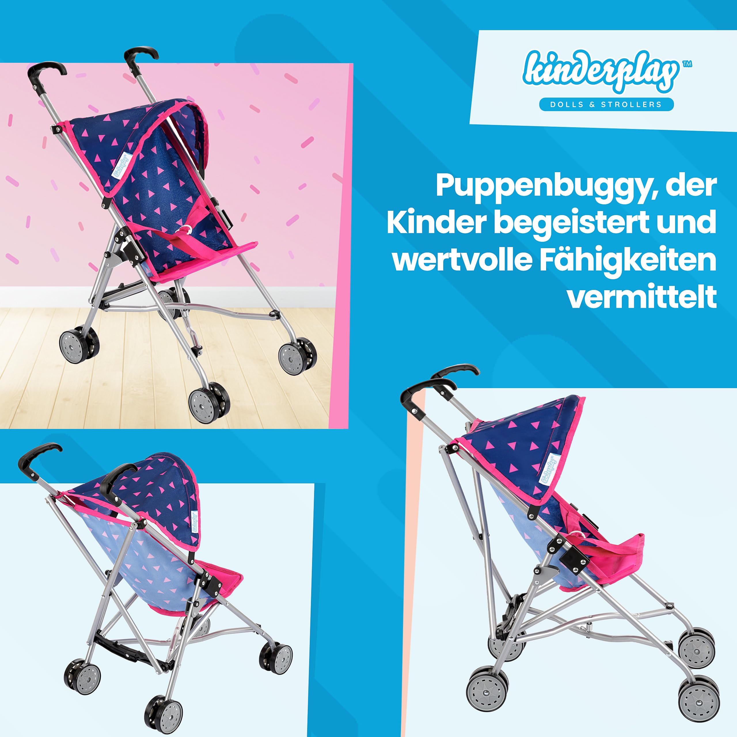 Kinderplay wózek dla lalek, wózek spacerówka – lekka stabilna konstrukcja, wysokość do rączki 54 cm model KP0290T