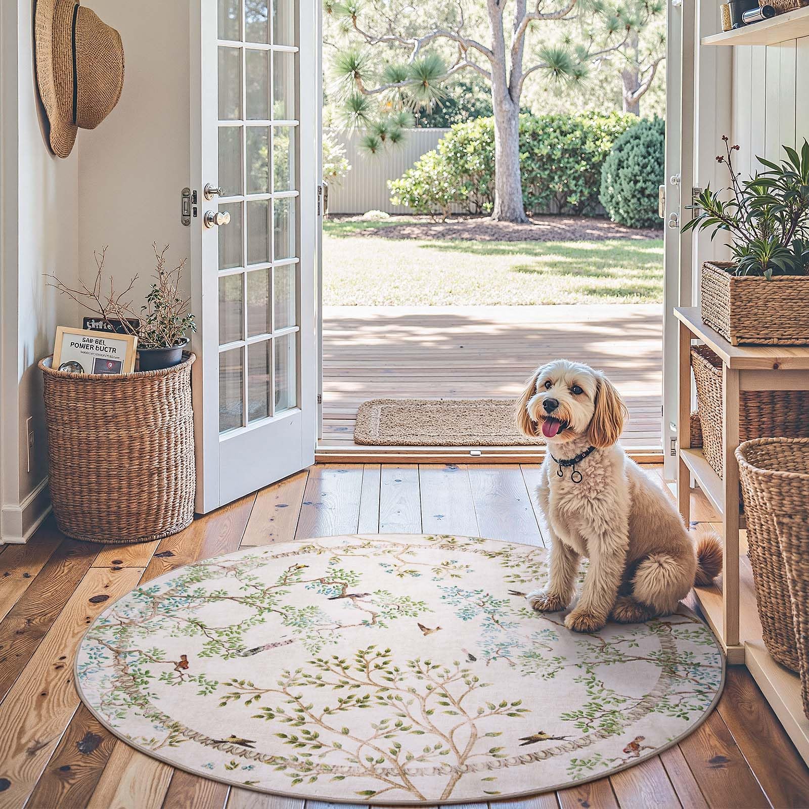 jinchan Yarden Round Rugs 4ft Ivory Botanical Birds Print Machine Washable 4' Circle Nature Plants Modern Soft Non Slip Throw Area Rugs Ultra Thin Low