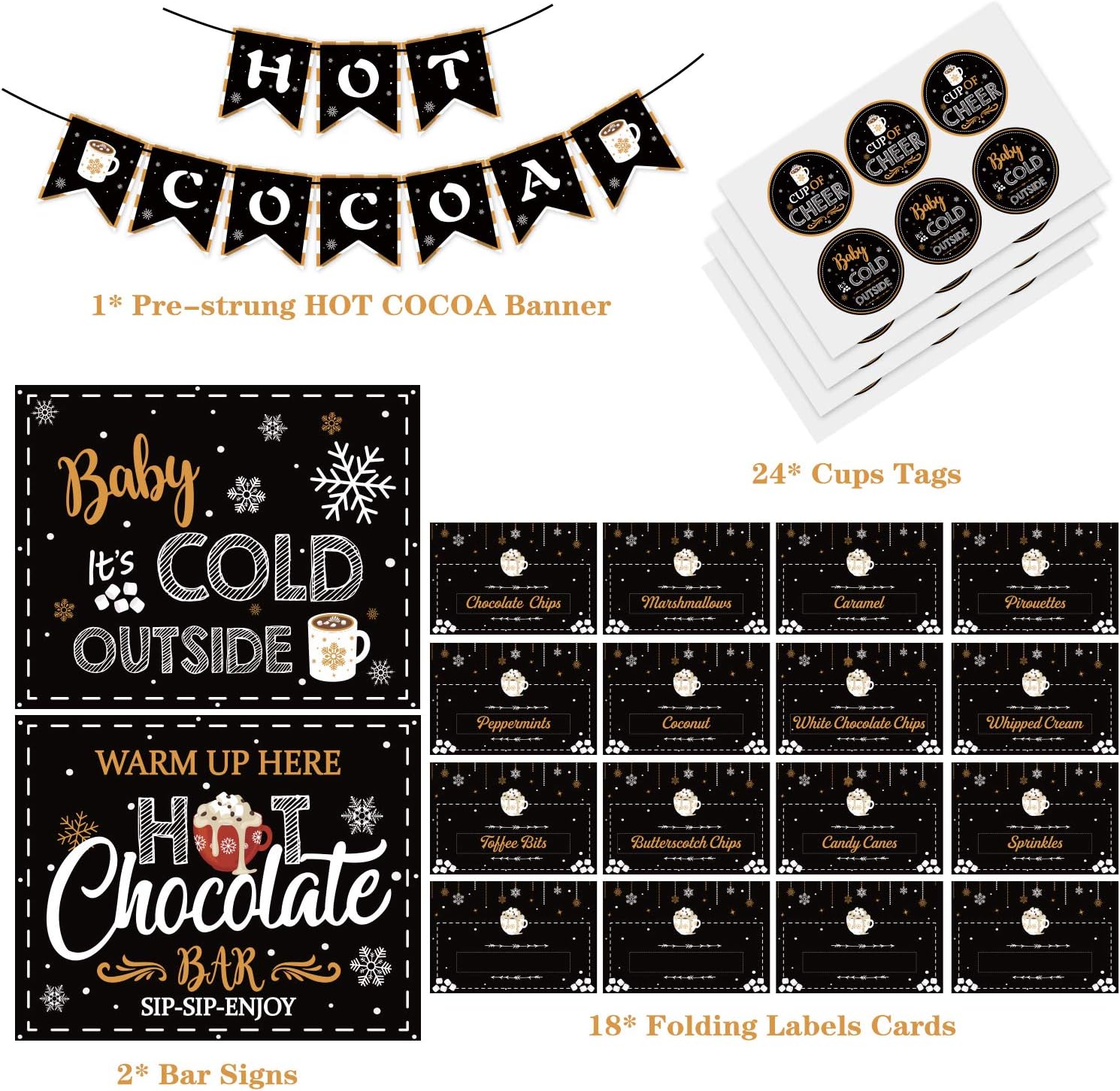 Hot Chocolate Bar Kit Hot Cocoa Banner Bar Kit Hot Chocolate Bar Supplies Sign Labels Cup Tags for Wintertime Holiday Christmas Baby It's Cold Outside Decorations New Year Party