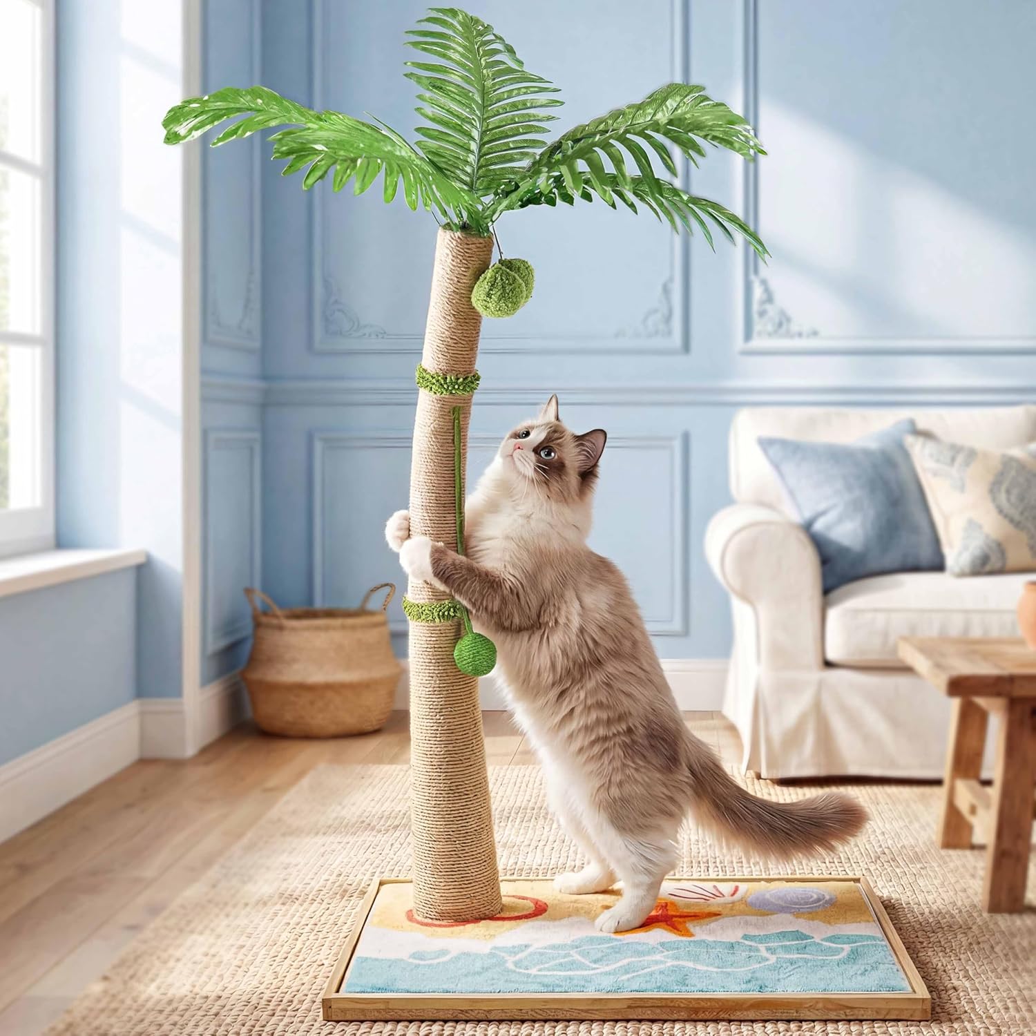 Palm Tree Cat Scratching Post, 43" Tall Carpet Cat Scratcher with Perch for Indoor Cats, Large Base Sisal Scratch Post for Adults & Kittens with Dangling Ball Toy