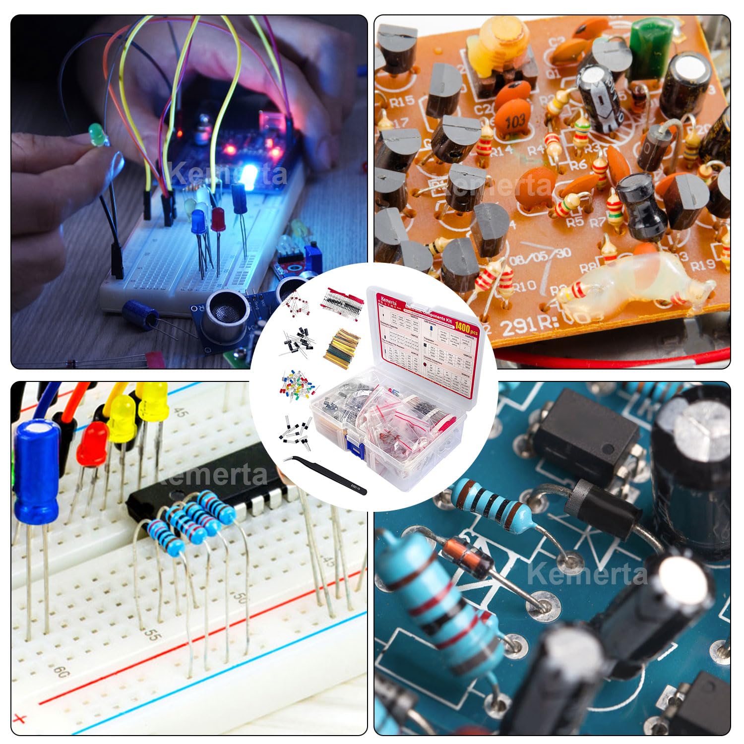 Electronic Component Kit 1400Pcs ， Common Transistor Assortment Box LED Diodes, Metal Film Resistors, Electrolytic Capacitor Package, Common Diodes, Ceramic Capacitors，Electronics kit，Capacitor kit