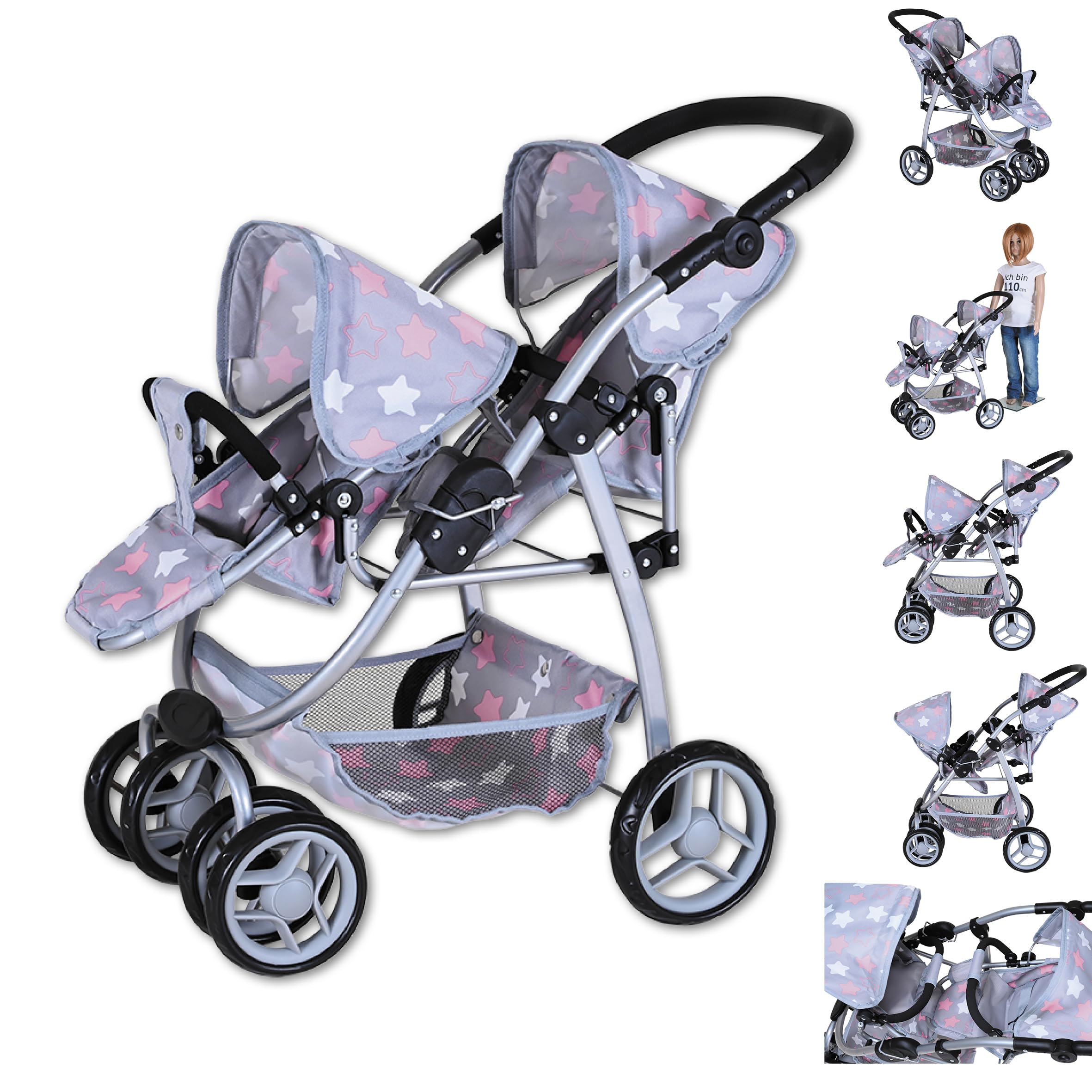 Knorrtoys 16444 - Cochecito Doble Milo Para Muñecas, Gris Y Rosa, Con Capota Y Cinturón
