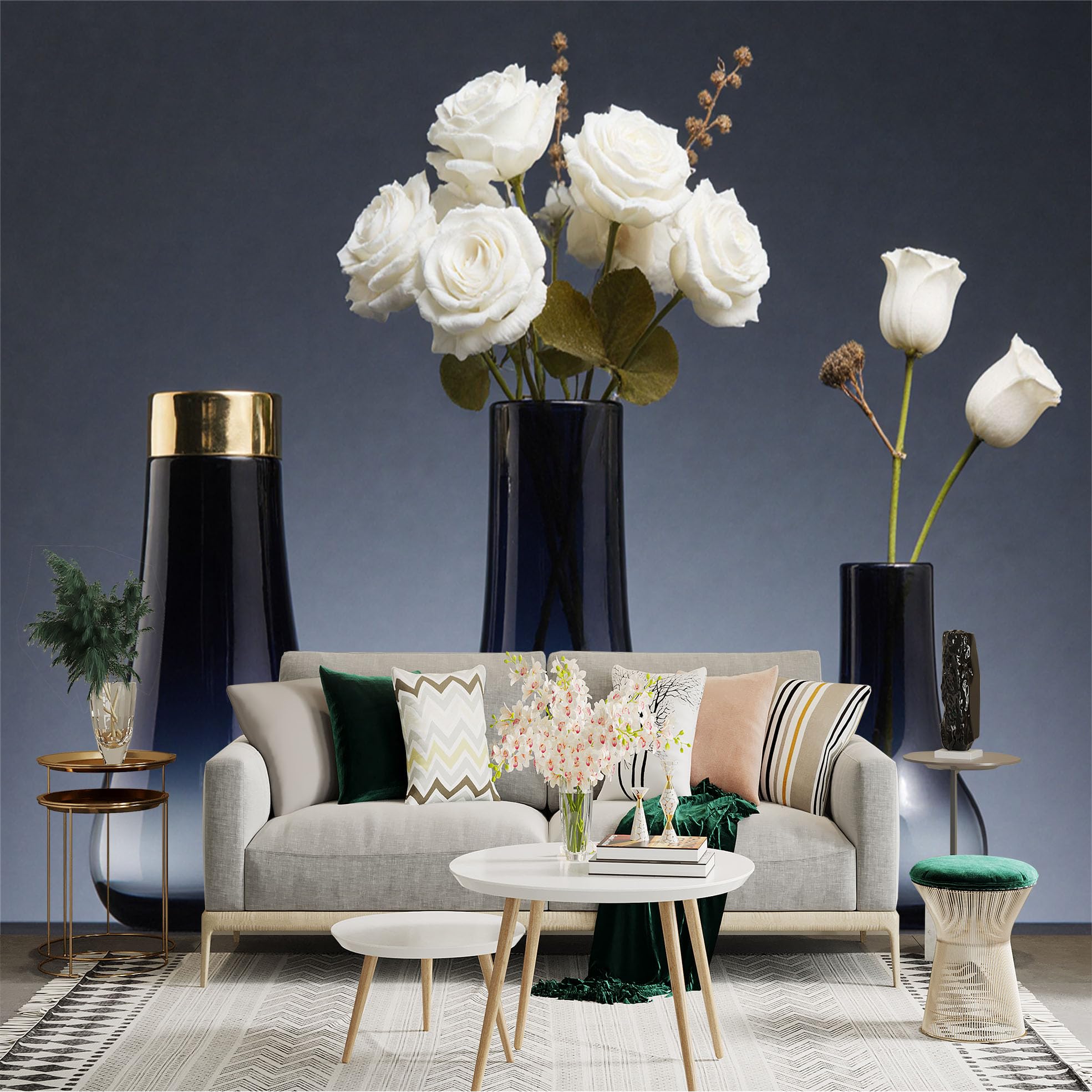 Custom Size Wall Sticker Mural， Elegant White Rose Bouquet in Dark Blue Glass Vases， Modern Minimalist Floral Still Life， for wall Decoration， peelandstick wall Decals.