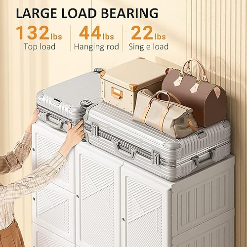 Miniatura 6 de HOMCOM Portable Wardrobe Closet, Folding Clothes Storage Organizer with 8 Cube Compartments, 2 Hanging Rods, 11 Magnet Doors, White