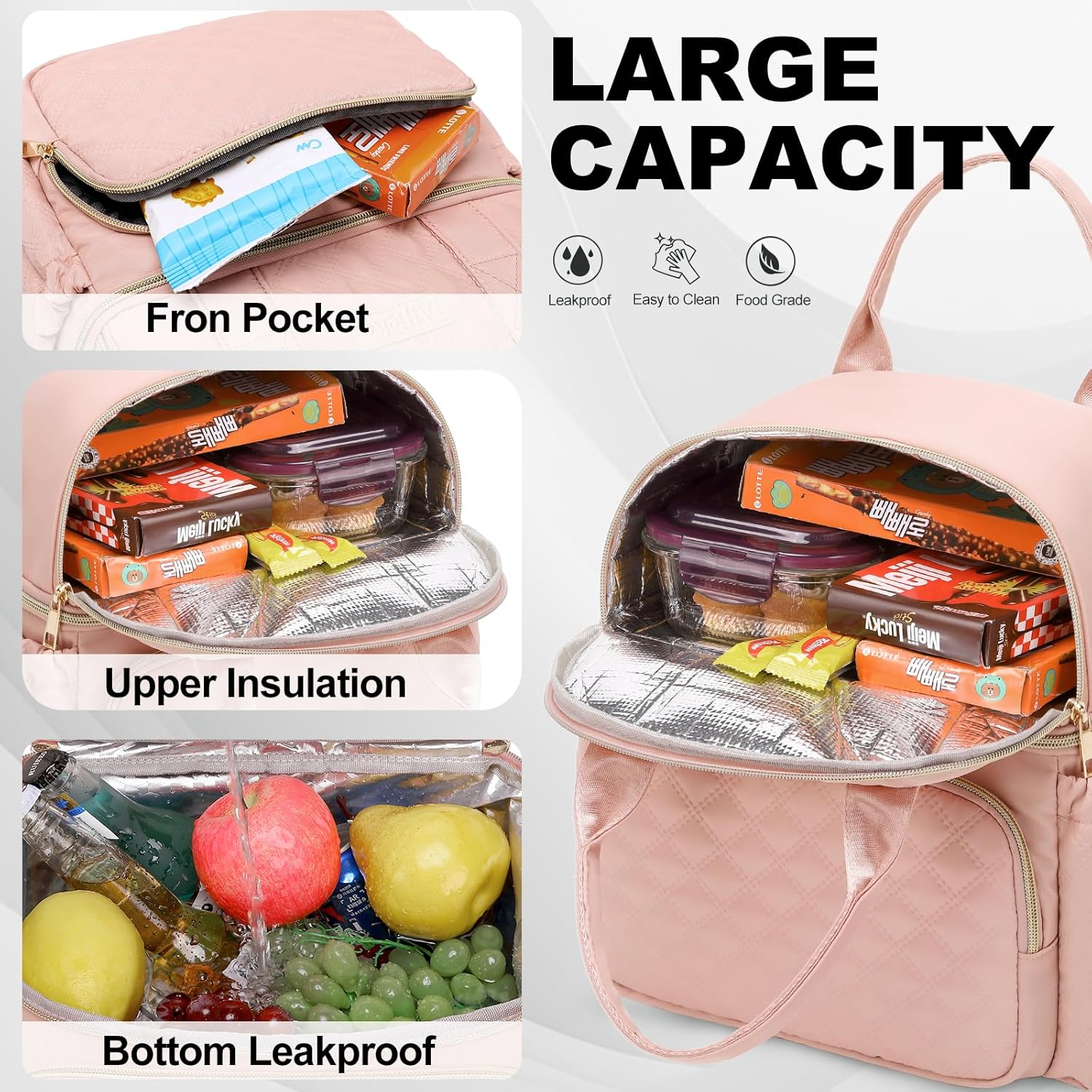AIJIEKE Lunch Bag for Men Women, Dual Compartment Lunch Box Insulated Lunch Bags, Large Adult Double Deck Leak Proof Lunch Tote Cooler with Adjustable Shoulder Strap for Work Picnic Beach Hiking, Pink - Image 5