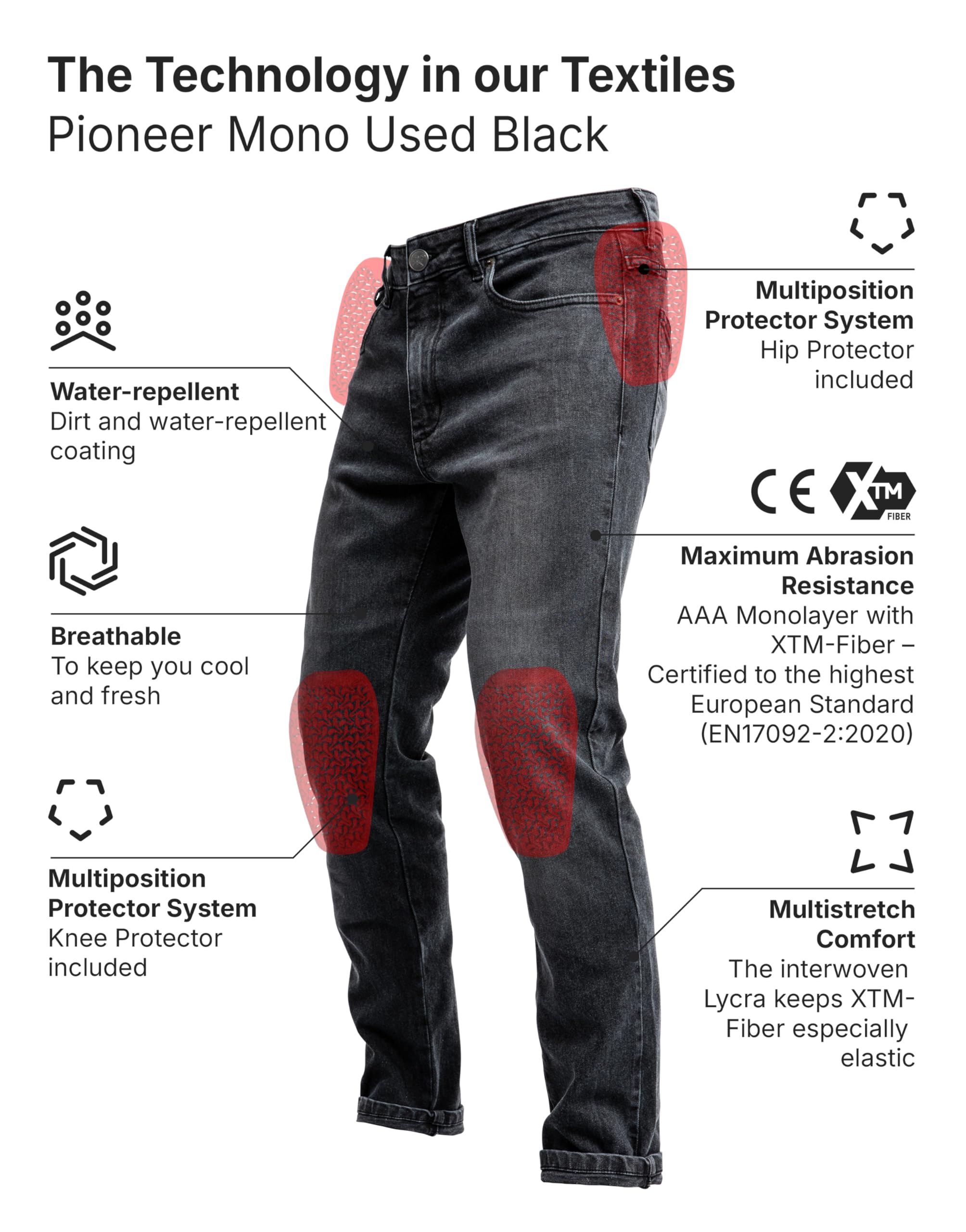 John Doe Pioneer - Monolayer | CE - Zertifizierung AAA | Motorradhose | Atmungsaktiv | Motorrad Jeans | Denim Jeans mit Stretch | Mit Protektoren