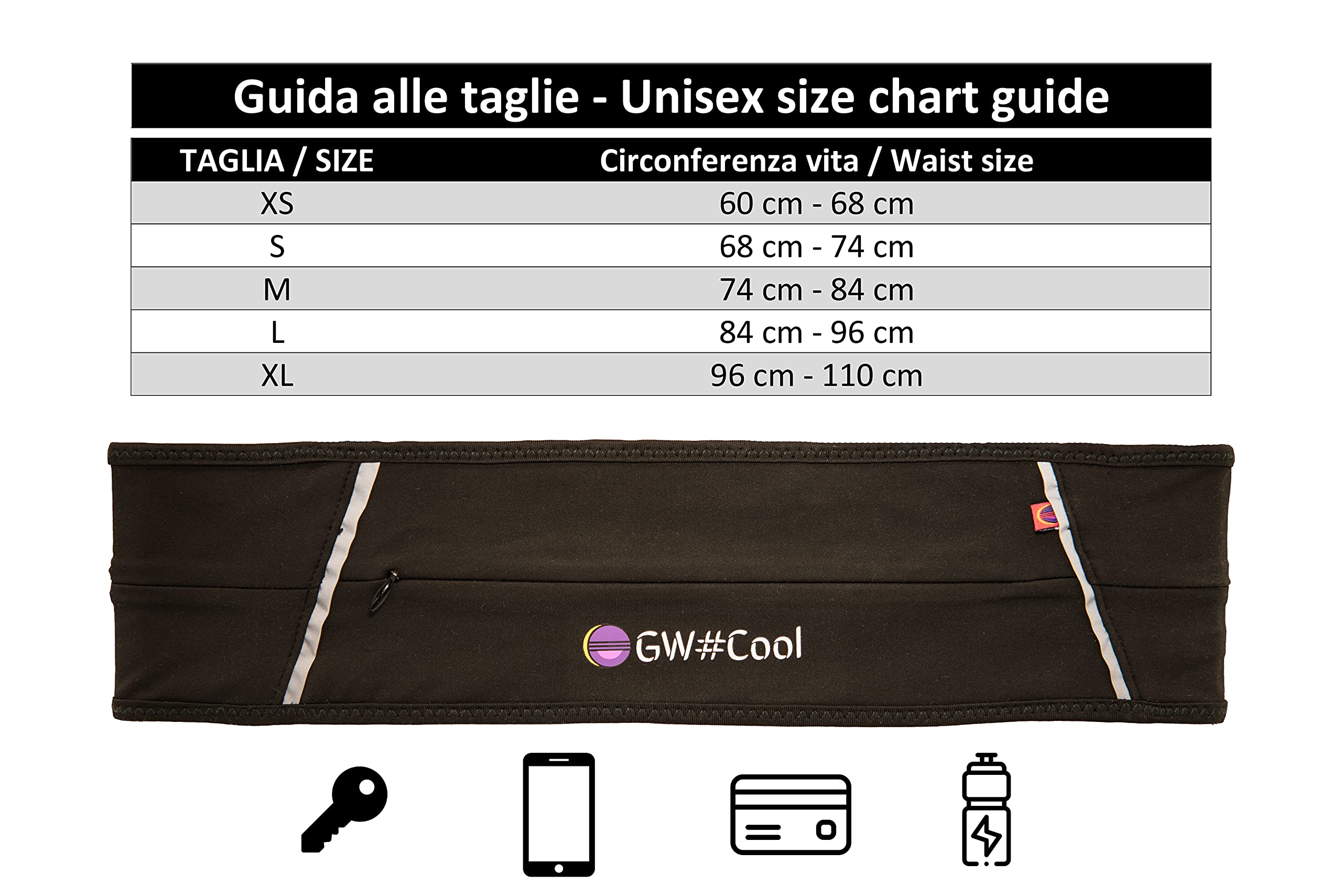 GW#Cool marsupio running cintura belt corsa escursionismo trail fitness sportivo fascia elastico unisex adulto, tasche portaoggetti portatelefono idratazione portaborracce (XS)