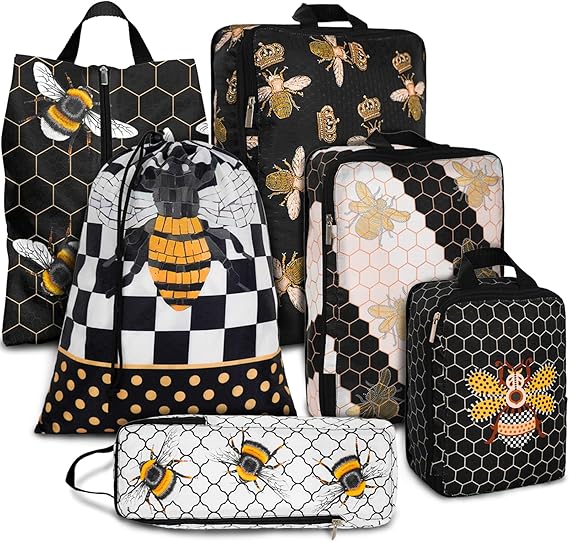 6 Pcs Compression Packing Cubes Waterproof Suitcase Travel Bag Luggage Backpack Organizer Travel Cubes for Packing-Black and Gold Bees