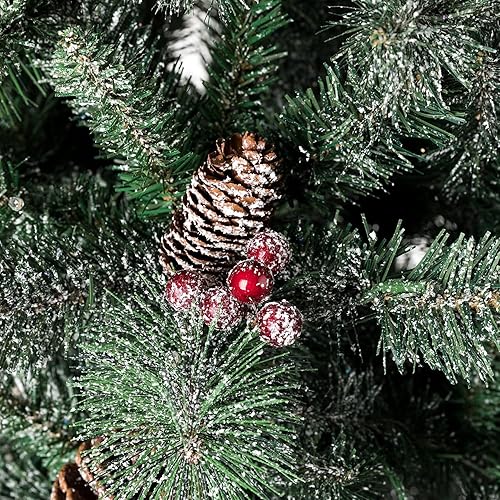 Miniatura 5 de Glitzhome Árbol de Navidad de 5 pies, árbol de entrada de abeto flocado preiluminado con 150 luces LED, bayas rojas en base de urna para puerta