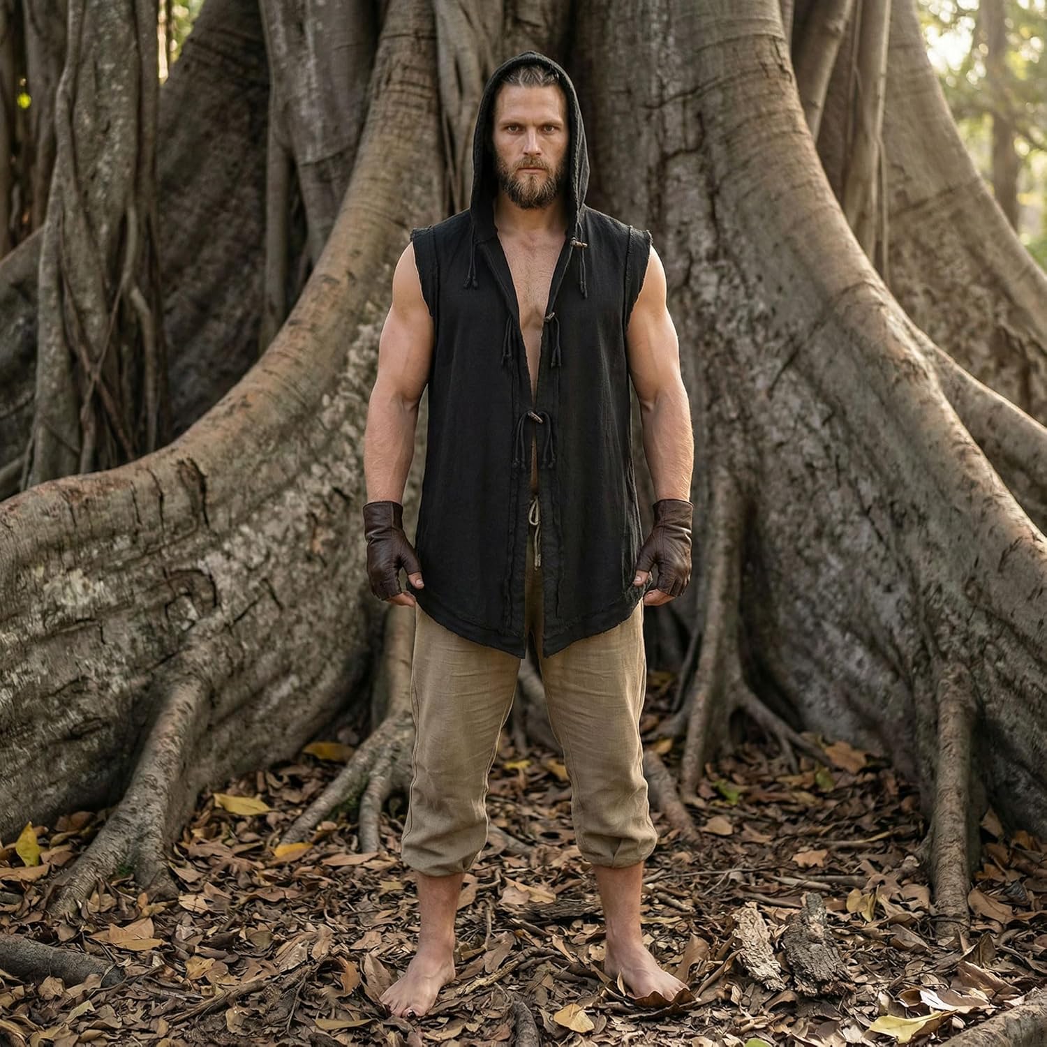 Mens Renaissance Vest Medieval Hooded Sleeveless Cotton Tunic Viking Pirate Costume Top with Wooden Buttons LARP Cosplay