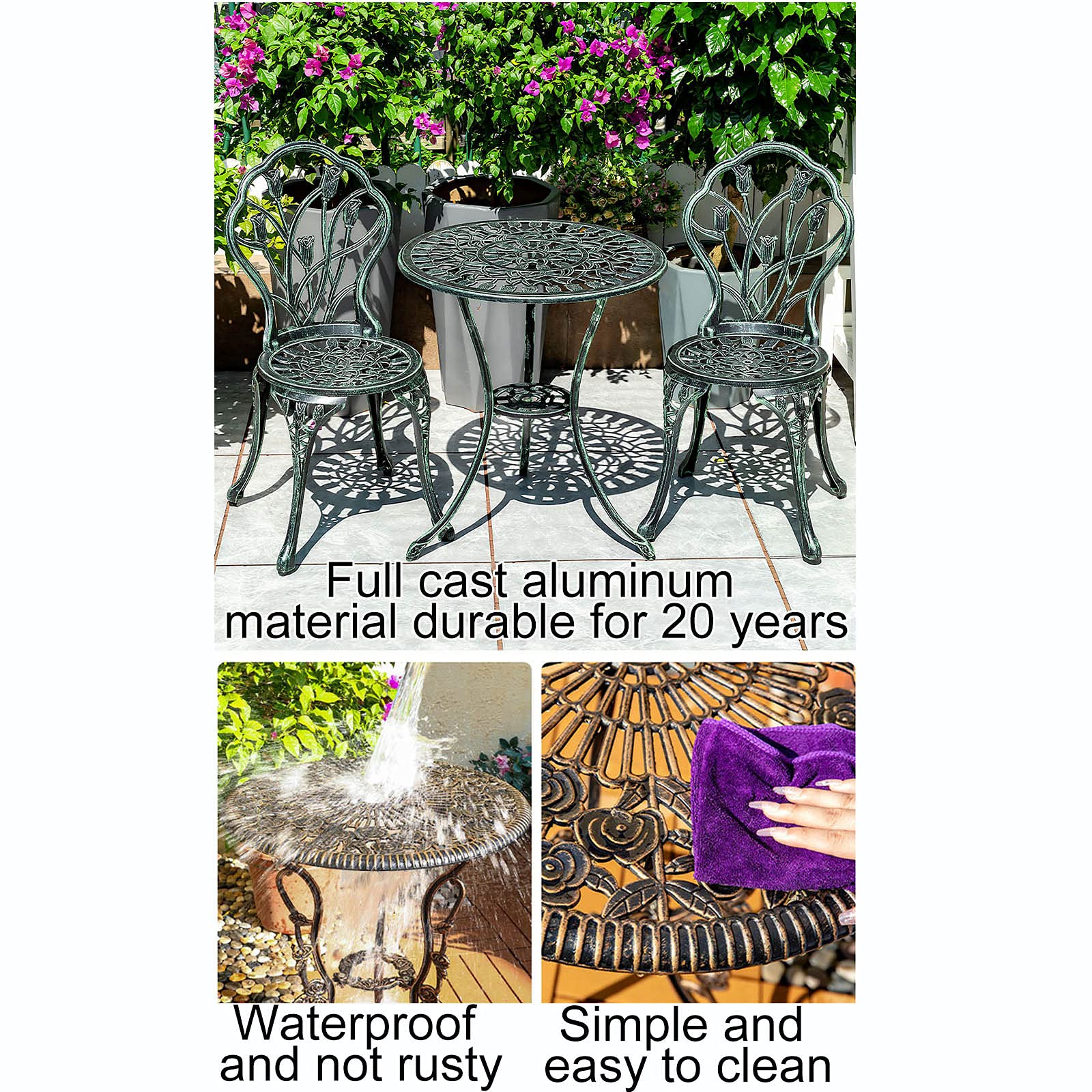 3 Pezzi Set da Bistrot con Design a Tulipano - Set Mobili da Giardino in Alluminio Pressofuso Set Tavolo e Sedie da Giardino Resistenti alle Intemperie con Foro per Ombrellone