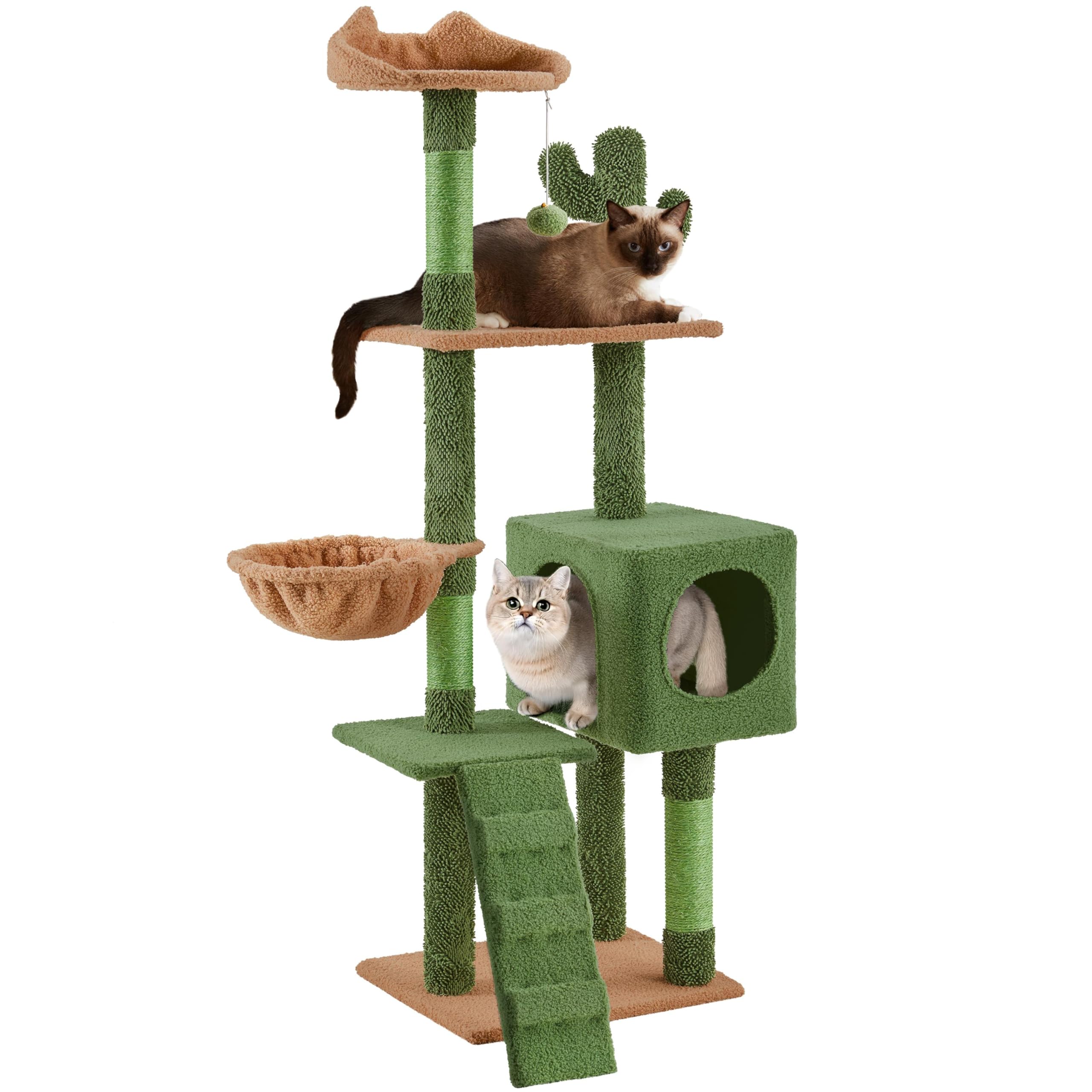 YaheetechCactus Cat Tree, 59.5in Cat Tower w/Cute Perch, Cozy Condo, Convenient Climbing Ladders, Moppy Fabric-Covered Cat House for Indoor Cats, Green/Brown