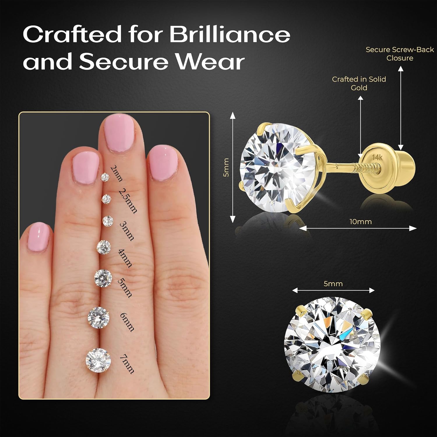 Art and Molly 14K Solitaire Gold Earring Solid 14-Karat Round Cubic Zirconia Stud Earrings with Screw-Back, CZ Studs with Gift-Ready Box - Image 2