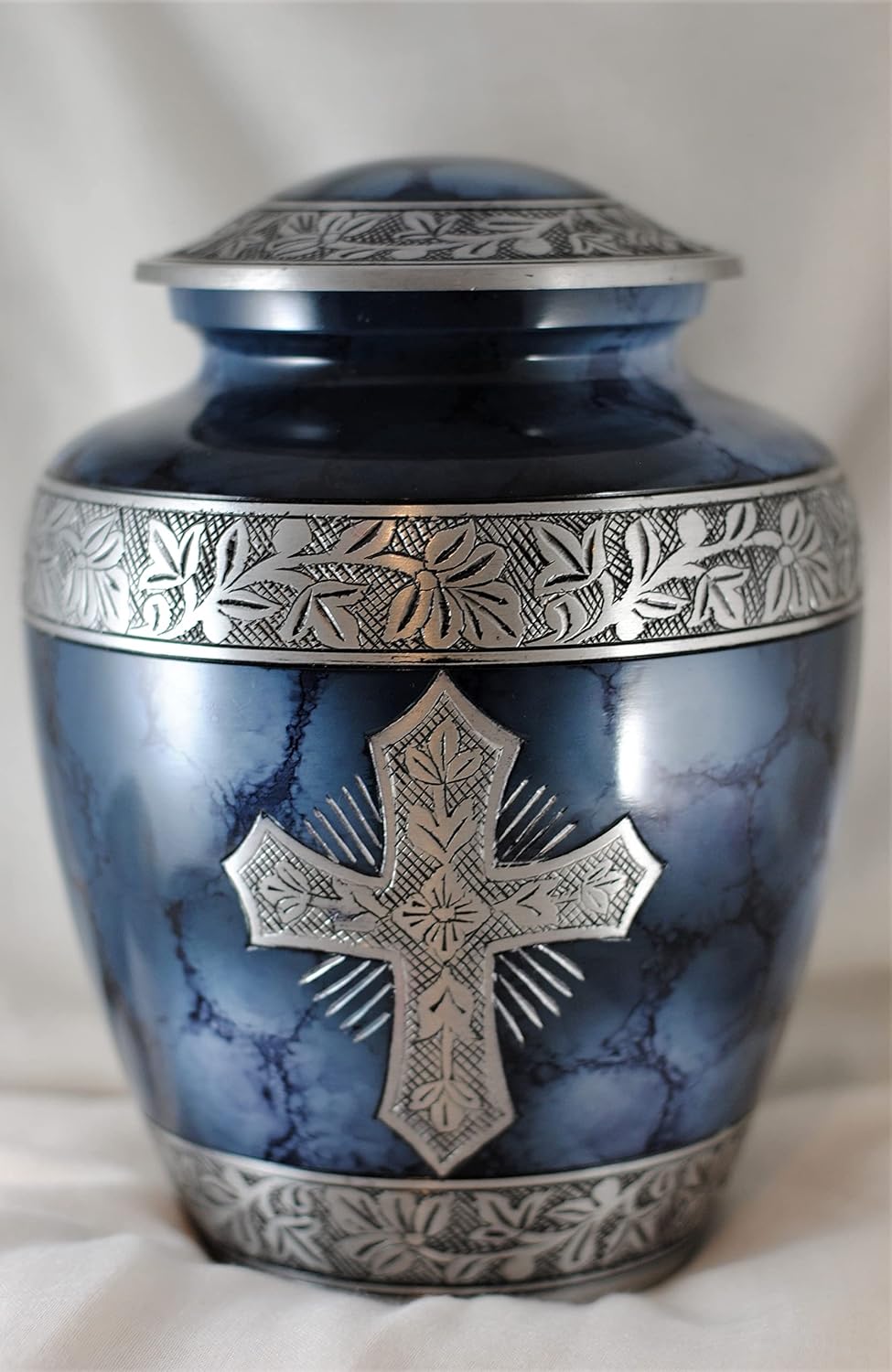 Today's A Gift The Relic Holy Cross Cremation Urn, Large Blue Memorial Urn for Human Ashes, Handcrafted Sapphire Funeral Urn with Engraved Cross, Adult Urn with Secure Lid & Velvet Bag (9 Inches)