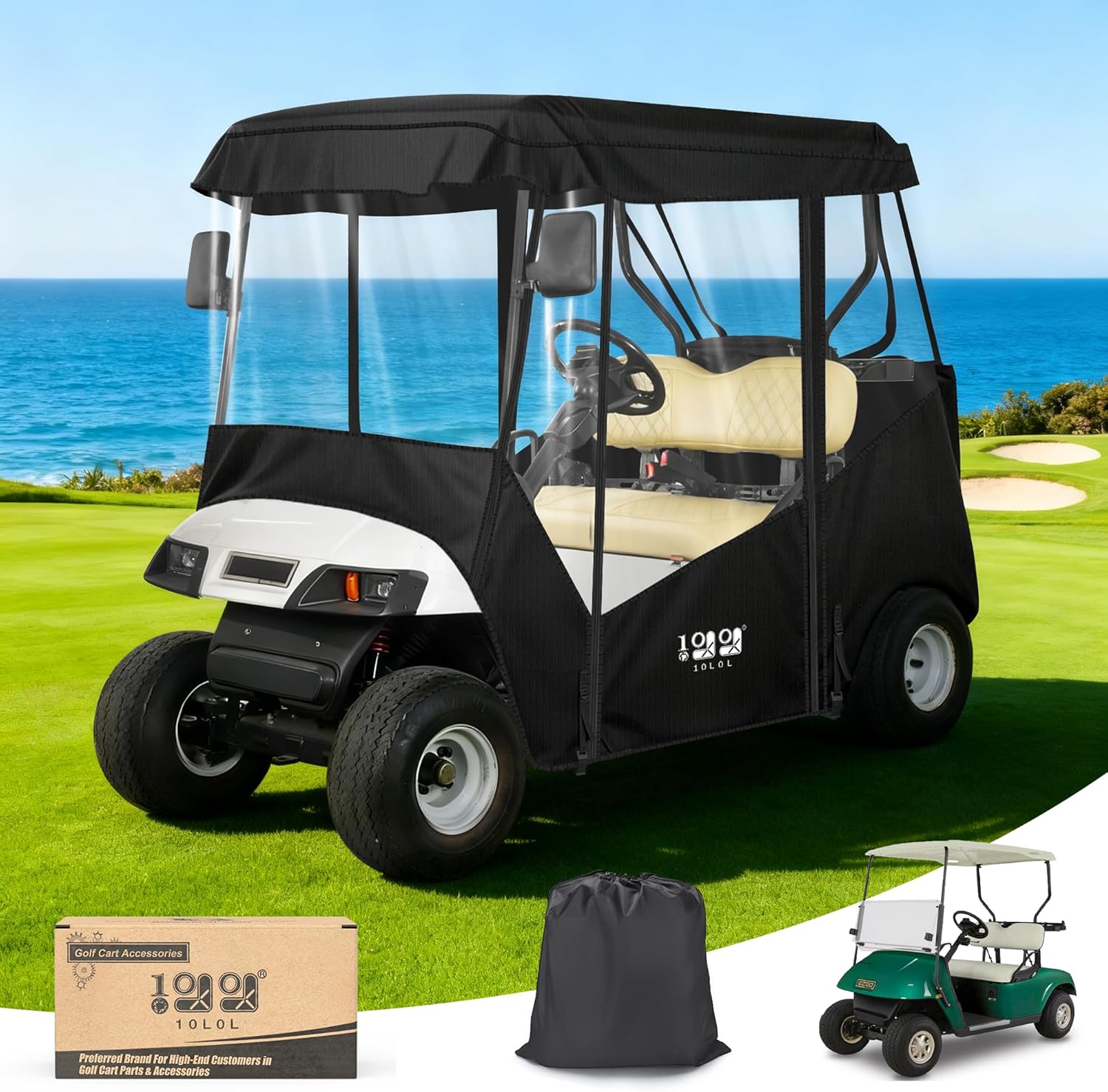 10L0L 2 Passenger Golf Cart Enclosure -61" Roof Fit Universal for EZGO TXT RXV & Club Car DS Precedent Tempo with Side Mirror Openings,Waterproof 600D Rain Cover,Transparent Tail Light Panel