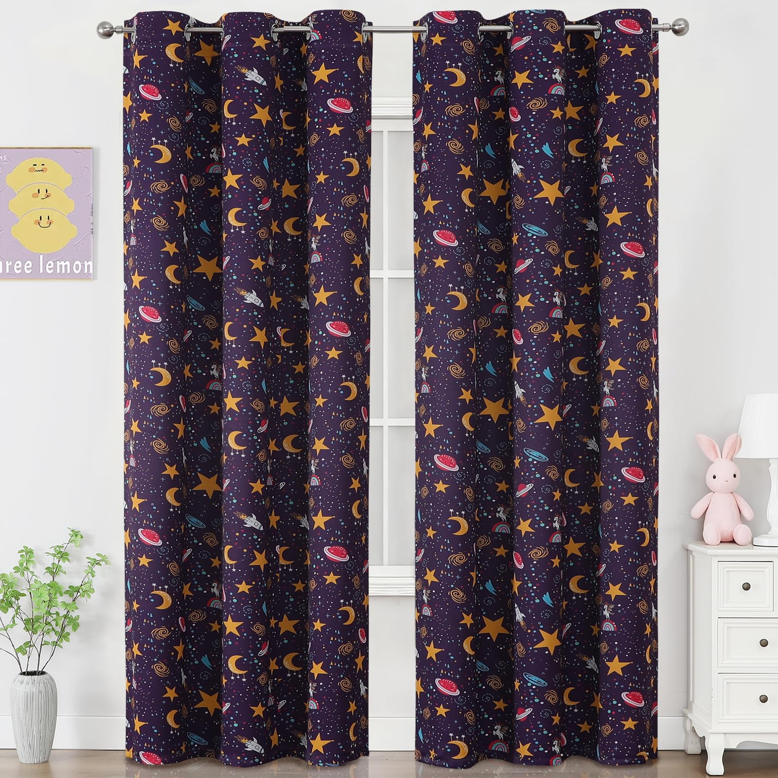 VEHEDE Star Blackout Curtains for Nursery Purple Classic Unicorn Cartoon Drapes for Girls Bedroom Thermal Insulated Eyelet Noise Reducing Curtain W38 x L84 Inch