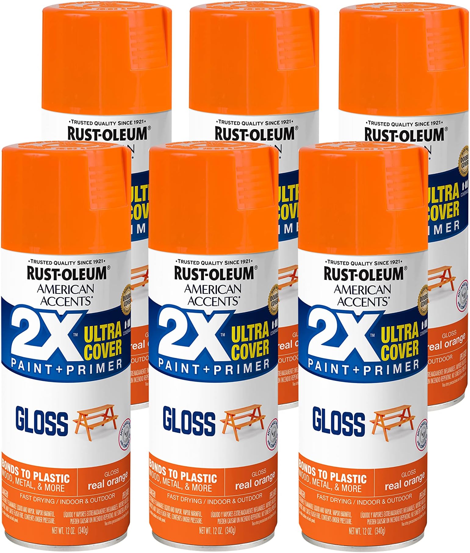 Rust-Oleum 327873-6PK American Accents Spray Paint, 12 oz, Gloss Real Orange, 6 Pack