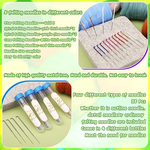 Miniatura 4 de Mayboos Kit de fieltro de aguja, juego de lana de 24 colores, kit de fieltro de aguja con herramienta de fieltro y tapete de espuma, suministros de