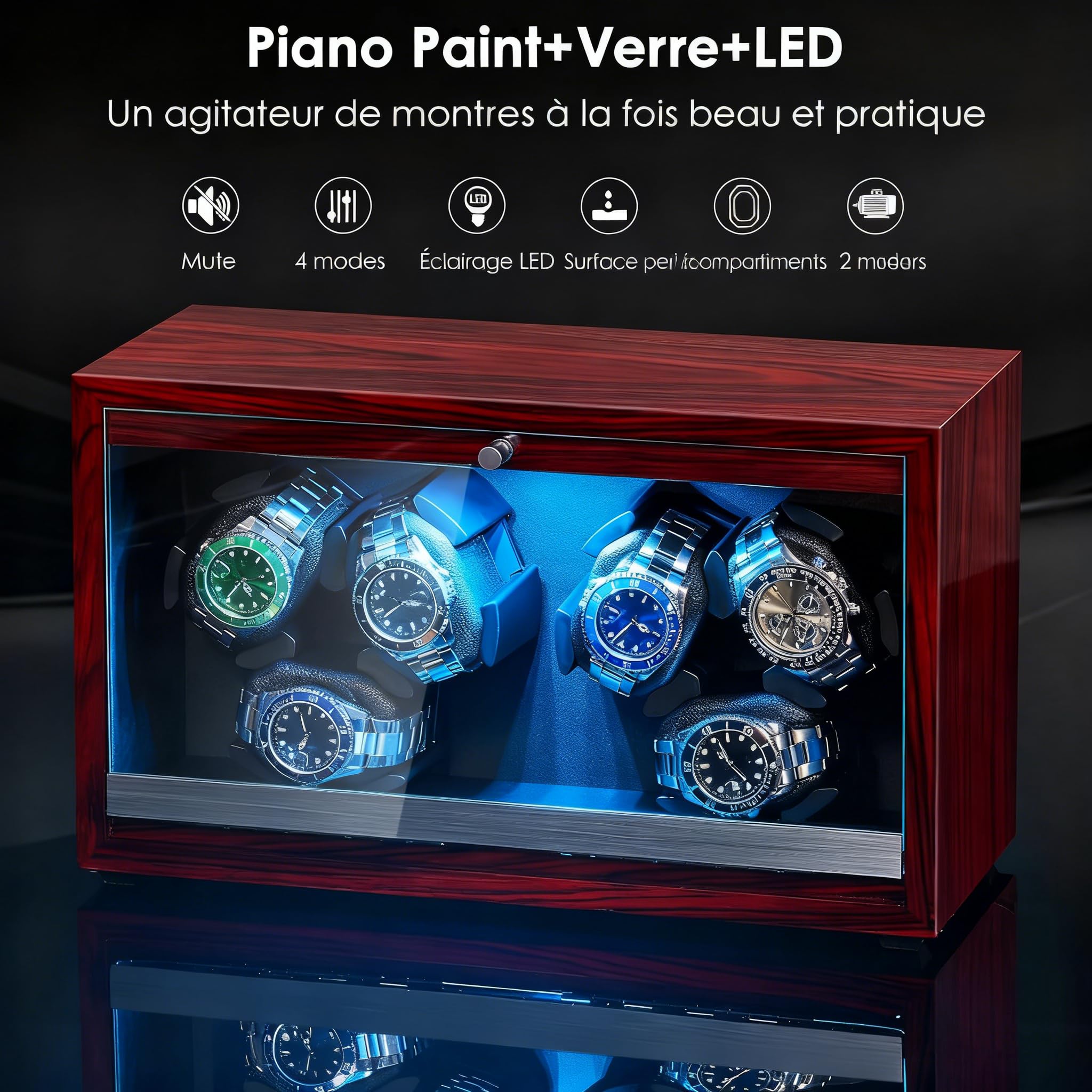 ANWBROAD Remontoir de montre 6 montres avec LED et moteur super silencieux rotateur 4 modes rotatifs Boîte à montres Shaker avec câble USB Cadeau UJWW003Y