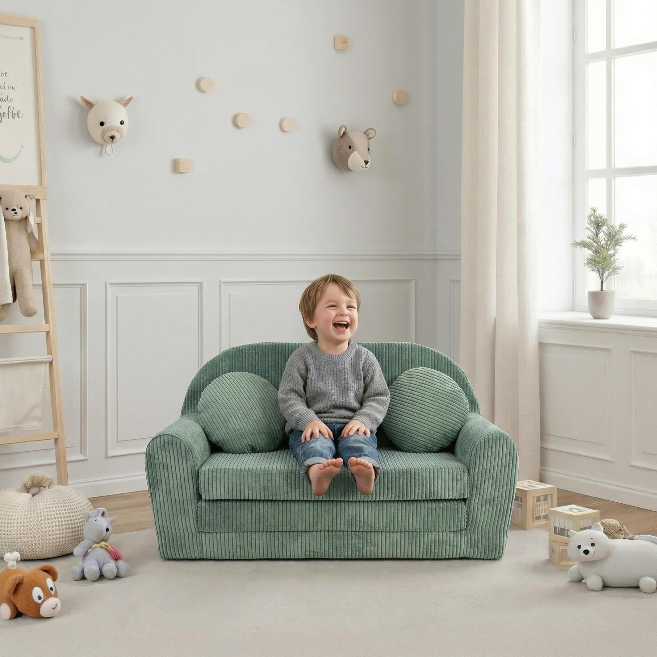 FORTISLINE Kindersofa XXL ausklappbar 96x57x48 cm - Kindercouch aus Cord mit Liegefläche 165 cm, Kinderzimmer Sofa mit 2 Kissen, Abnehmbarer waschbarer Bezug, Oeko-TEX Standard 100